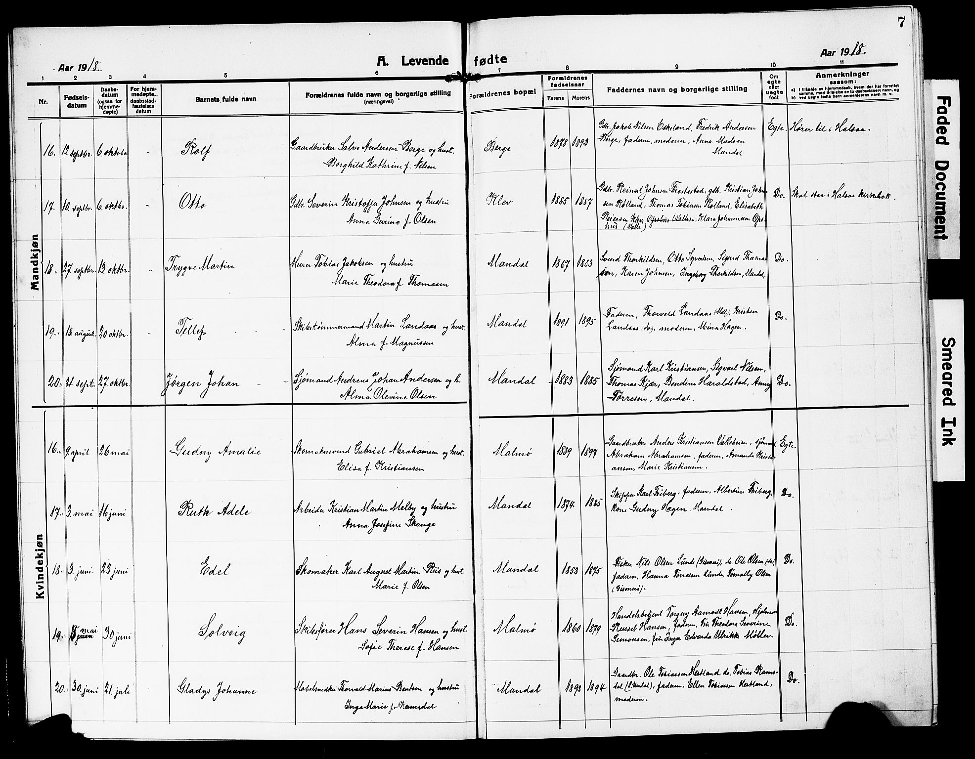 Mandal sokneprestkontor, AV/SAK-1111-0030/F/Fb/Fbc/L0001: Parish register (copy) no. B 1, 1918-1931, p. 7