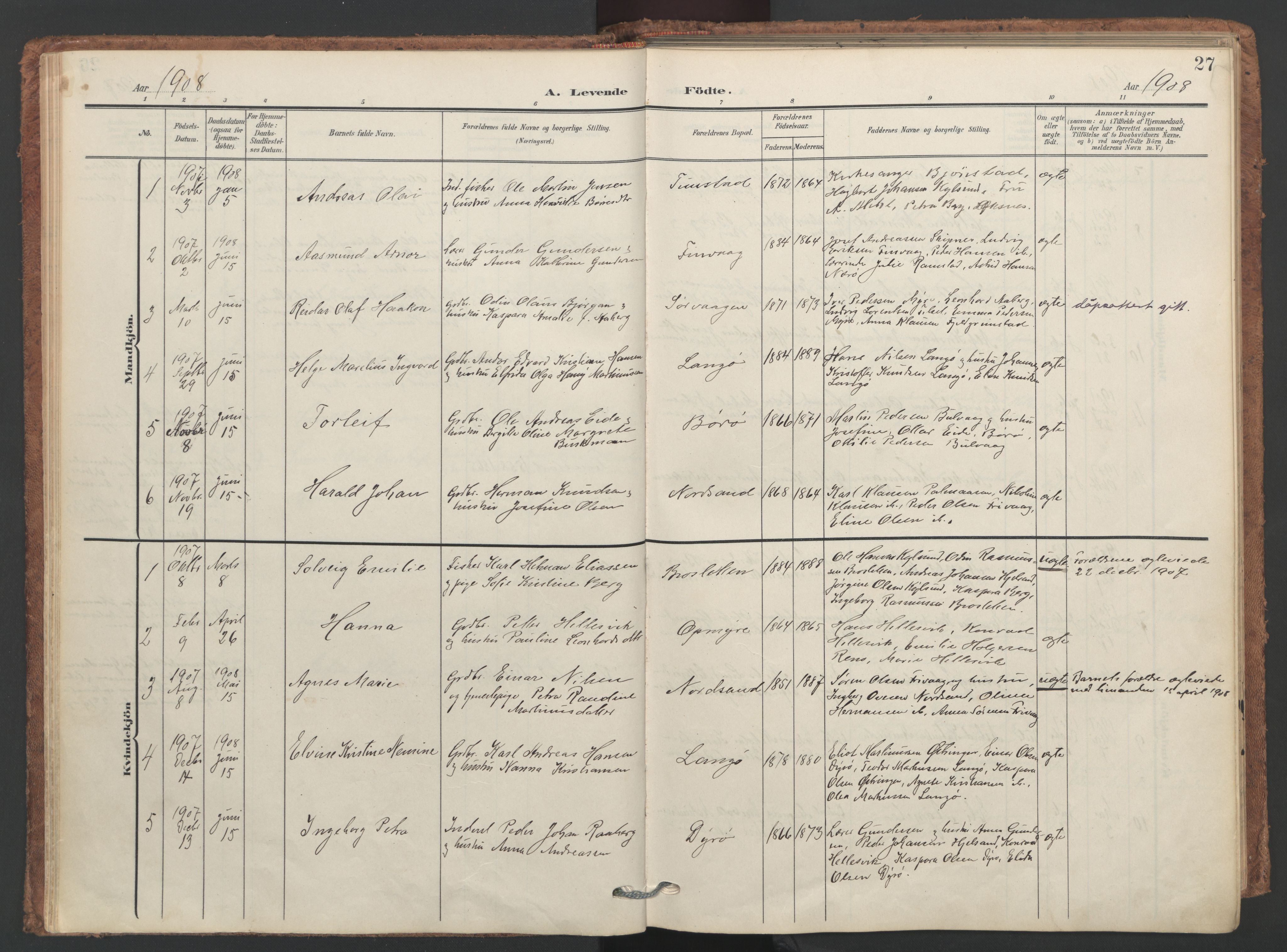 Ministerialprotokoller, klokkerbøker og fødselsregistre - Nordland, SAT/A-1459/893/L1339: Parish register (official) no. 893A11, 1904-1914, p. 27