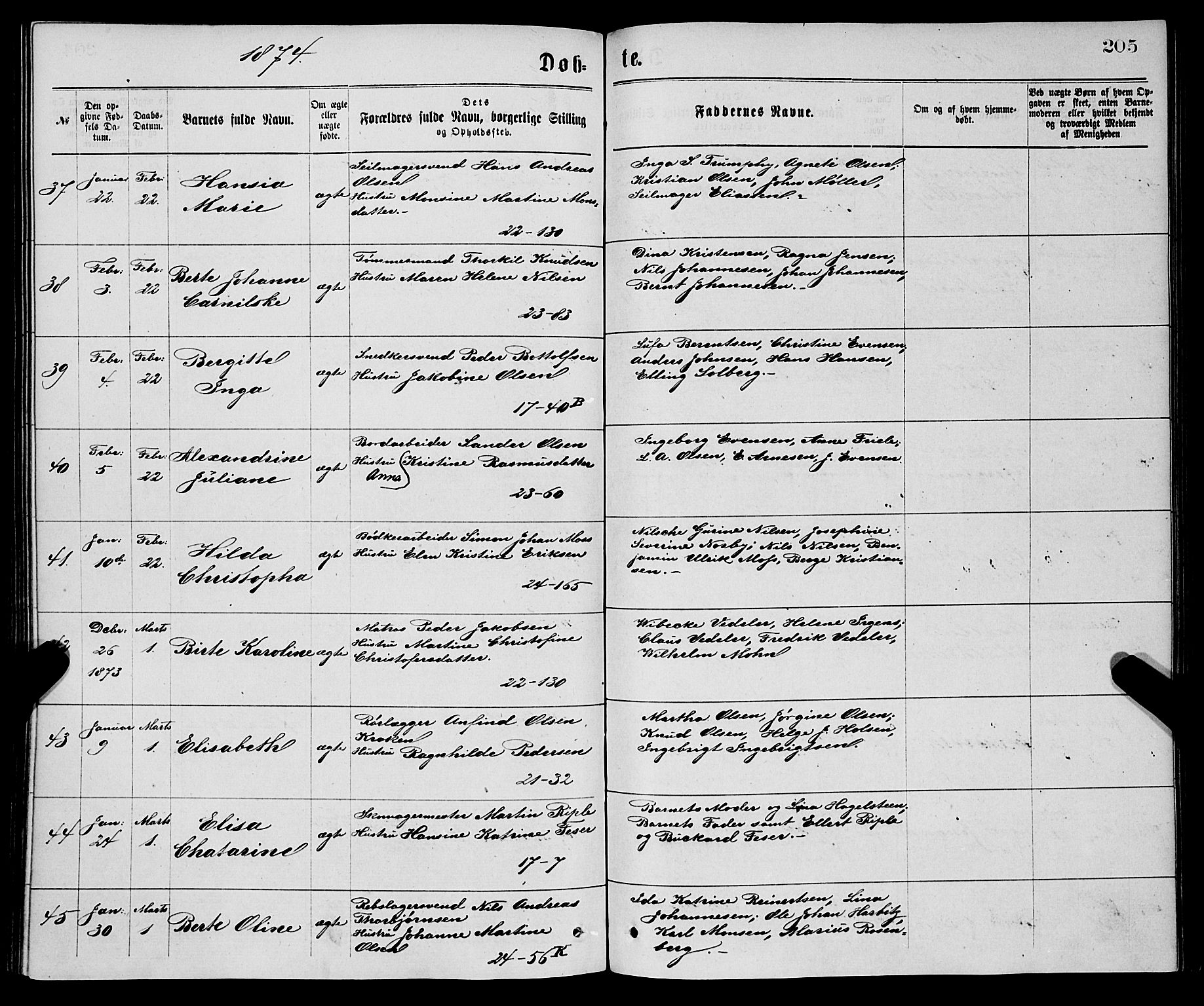 Korskirken sokneprestembete, AV/SAB-A-76101/H/Haa/L0020: Parish register (official) no. B 6, 1871-1878, p. 205