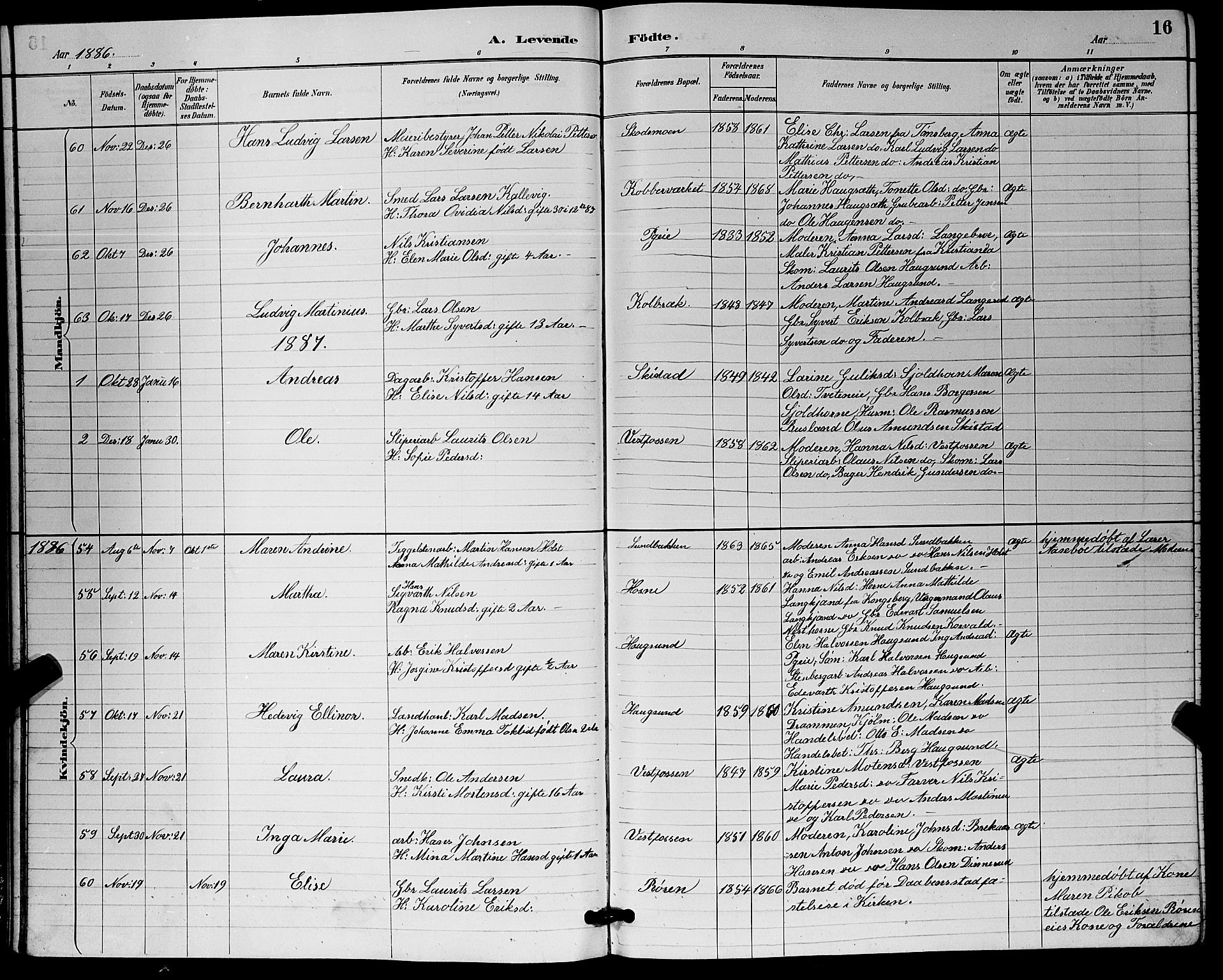 Eiker kirkebøker, SAKO/A-4/G/Ga/L0006: Parish register (copy) no. I 6, 1885-1893, p. 16