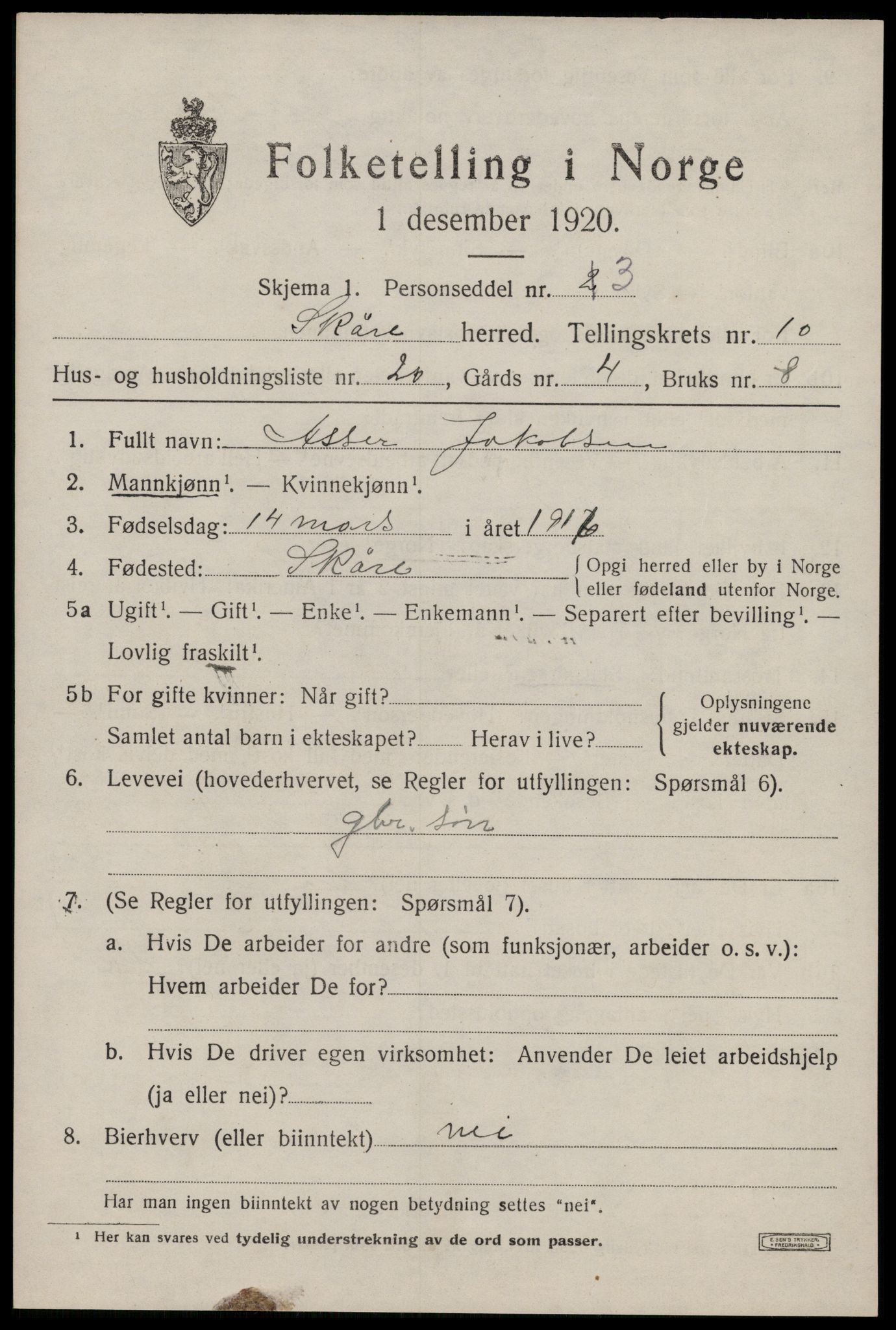 SAST, 1920 census for Skåre, 1920, p. 8114