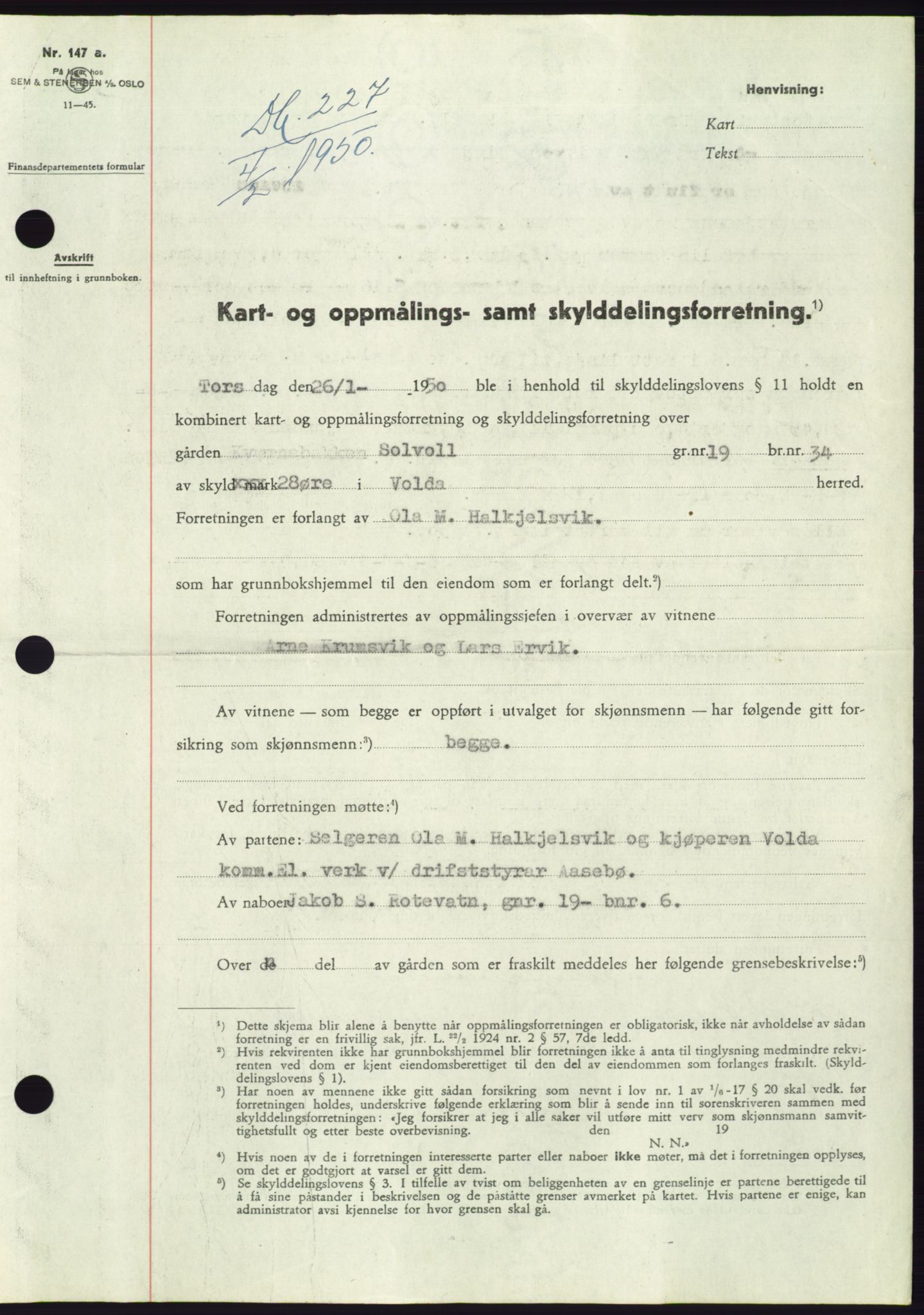 Søre Sunnmøre sorenskriveri, AV/SAT-A-4122/1/2/2C/L0086: Mortgage book no. 12A, 1949-1950, Diary no: : 227/1950