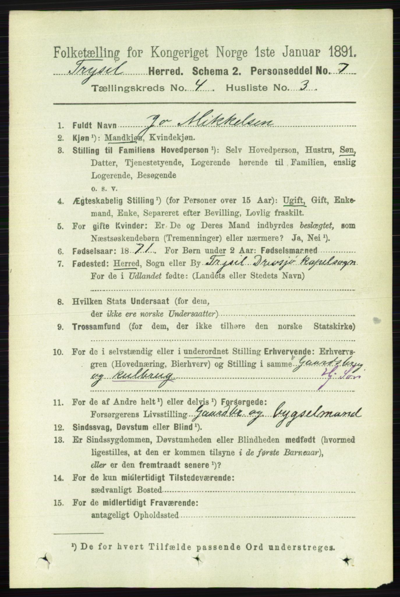 RA, 1891 census for 0428 Trysil, 1891, p. 1860