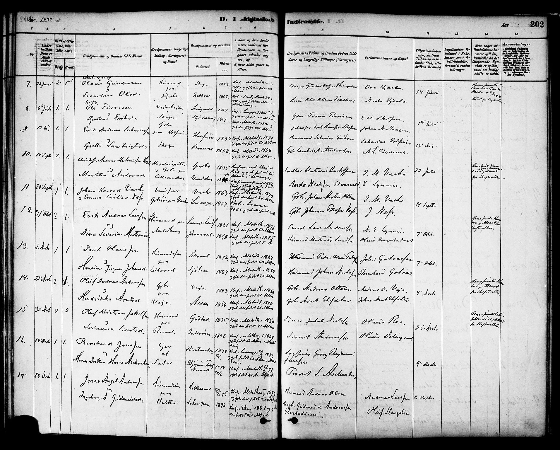 Ministerialprotokoller, klokkerbøker og fødselsregistre - Nord-Trøndelag, SAT/A-1458/717/L0159: Parish register (official) no. 717A09, 1878-1898, p. 202