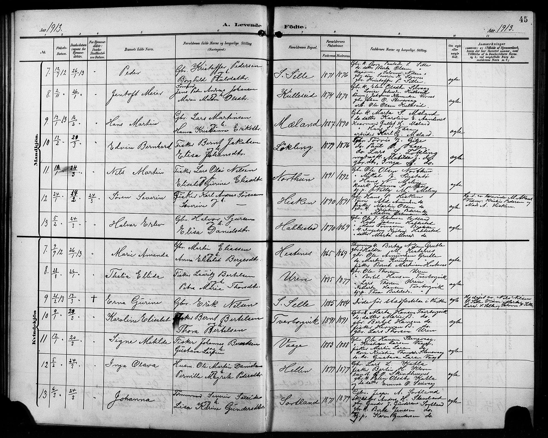 Finnås sokneprestembete, AV/SAB-A-99925/H/Ha/Hab/Habb/L0005: Parish register (copy) no. B 5, 1907-1920, p. 45