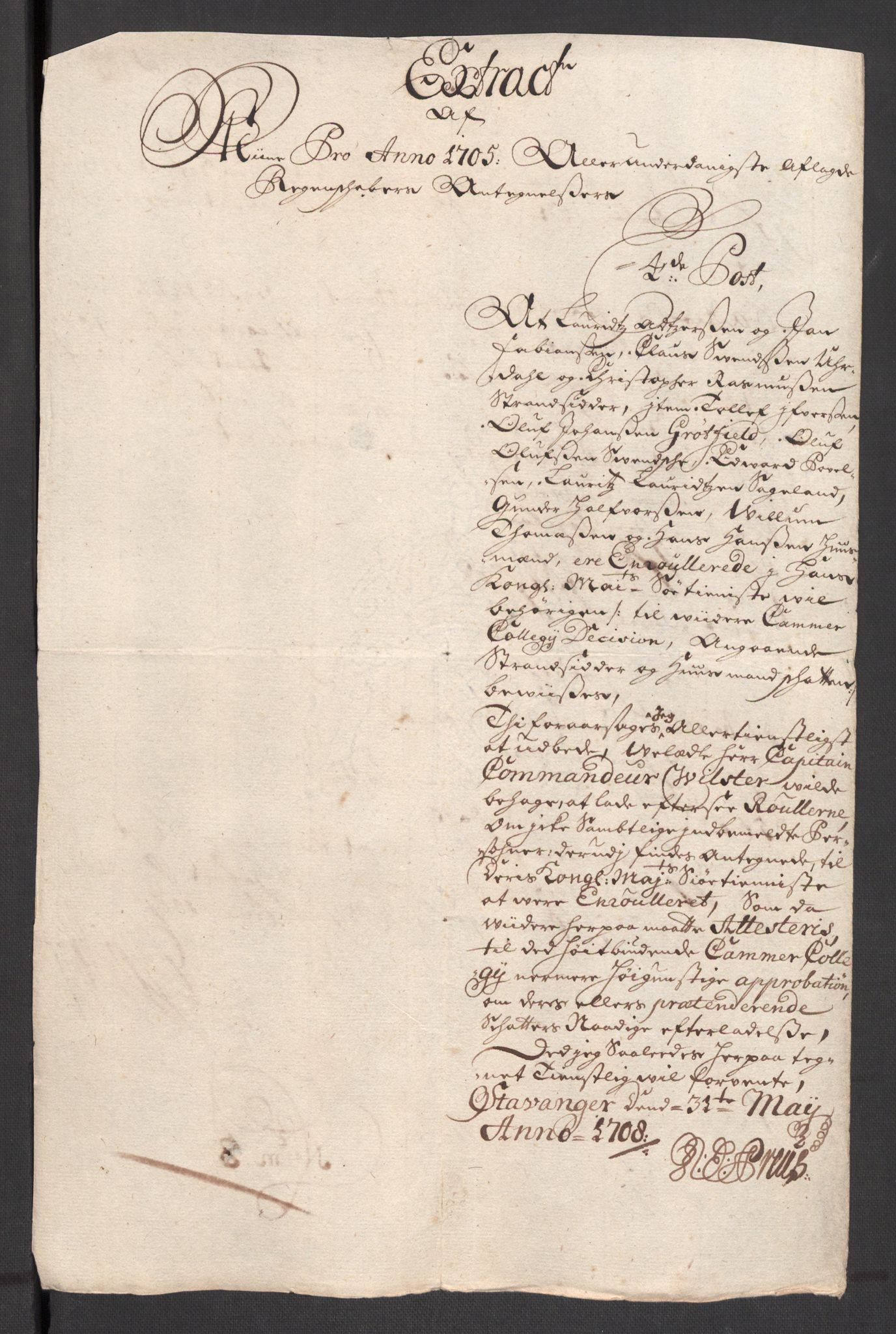 Rentekammeret inntil 1814, Reviderte regnskaper, Fogderegnskap, AV/RA-EA-4092/R46/L2733: Fogderegnskap Jæren og Dalane, 1705-1708, p. 85