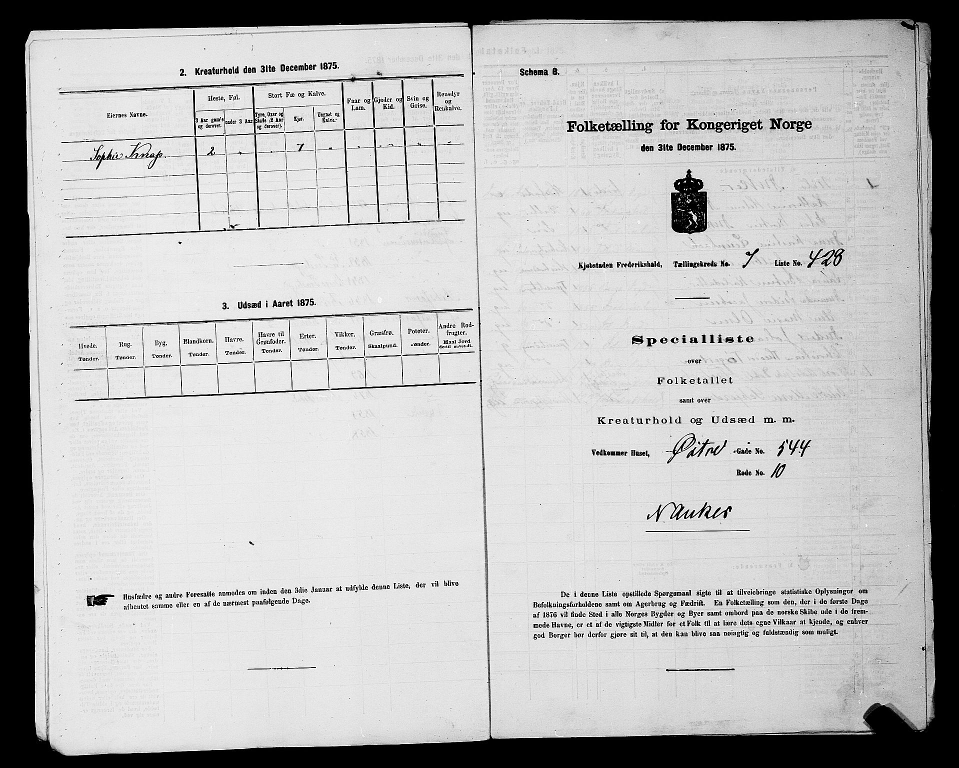 RA, 1875 census for 0101P Fredrikshald, 1875, p. 1108