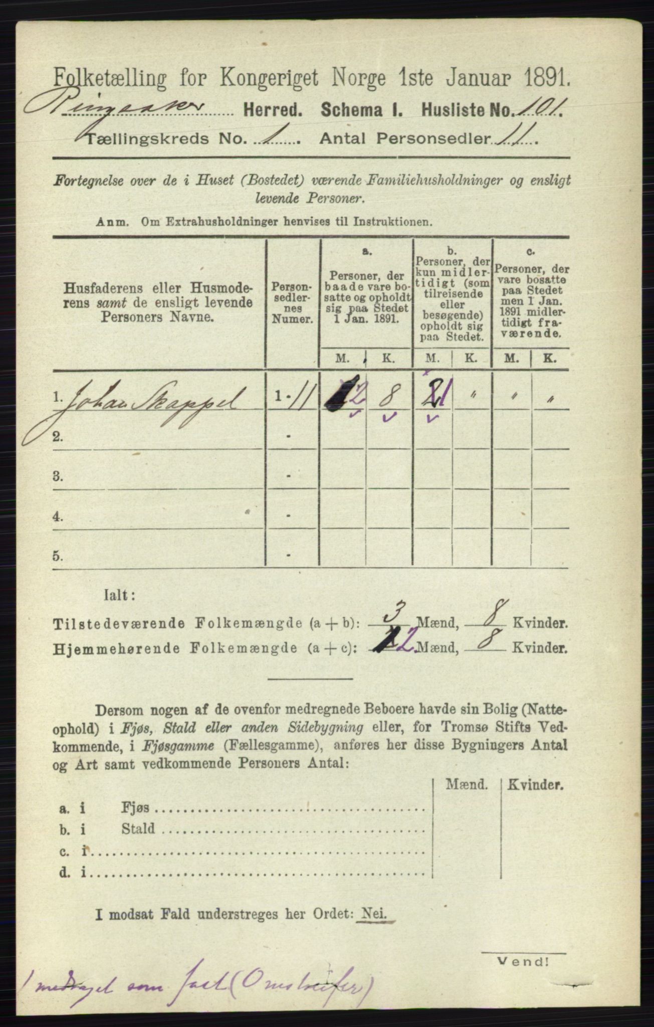 RA, 1891 census for 0412 Ringsaker, 1891, p. 167