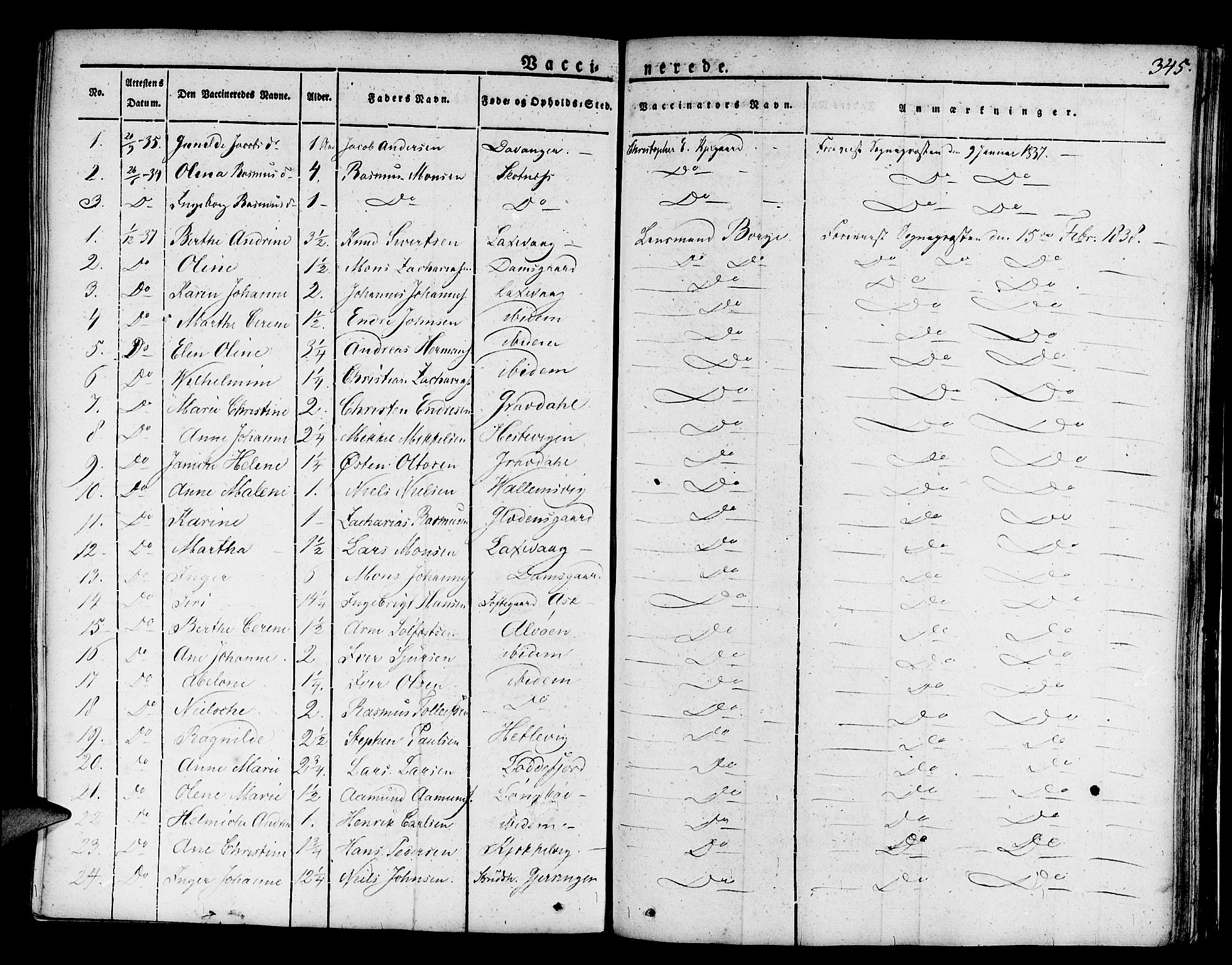 Askøy Sokneprestembete, AV/SAB-A-74101/H/Ha/Haa/Haaa/L0004: Parish register (official) no. A 4, 1825-1845, p. 345