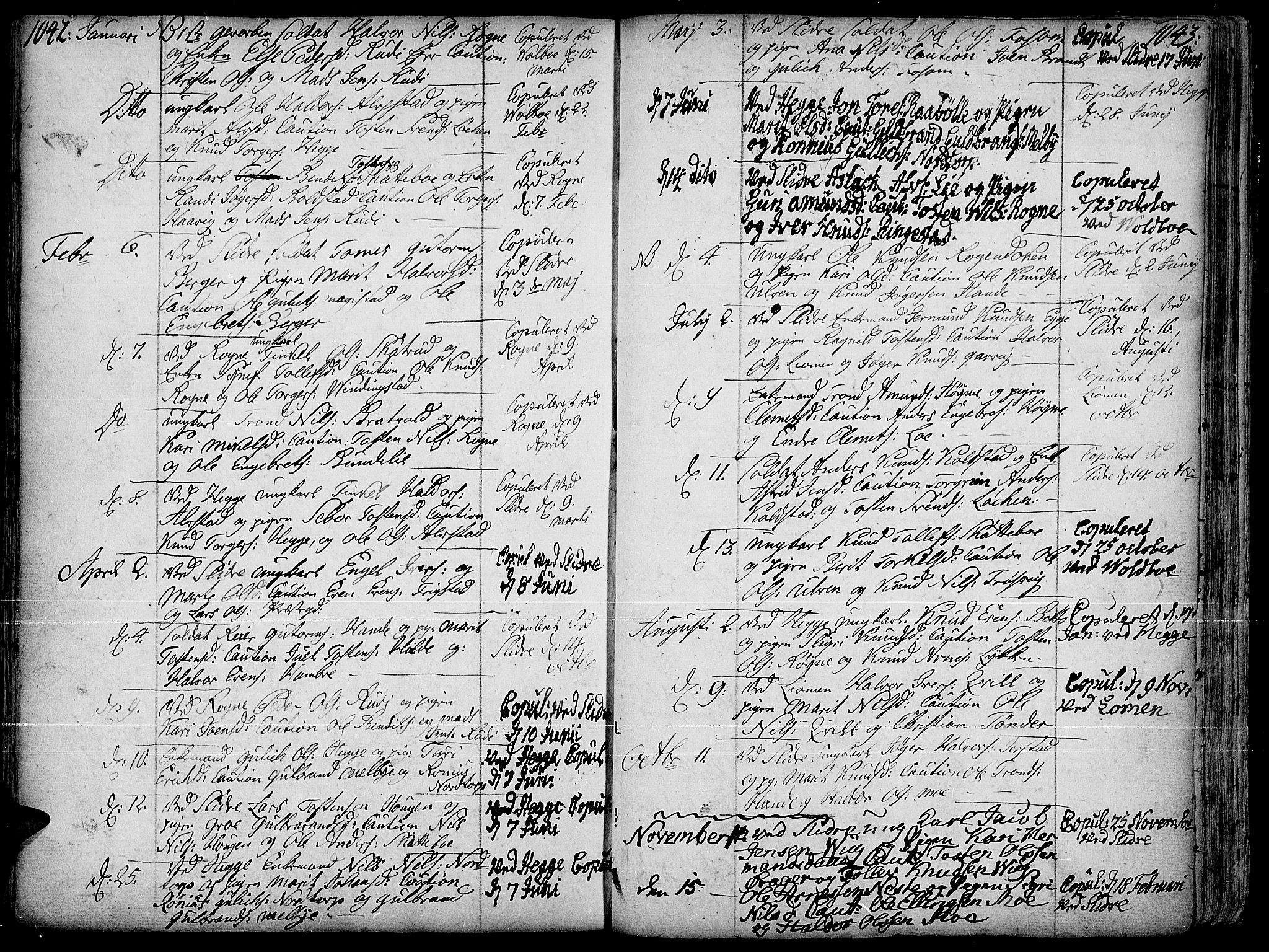 Slidre prestekontor, AV/SAH-PREST-134/H/Ha/Haa/L0001: Parish register (official) no. 1, 1724-1814, p. 1042-1043
