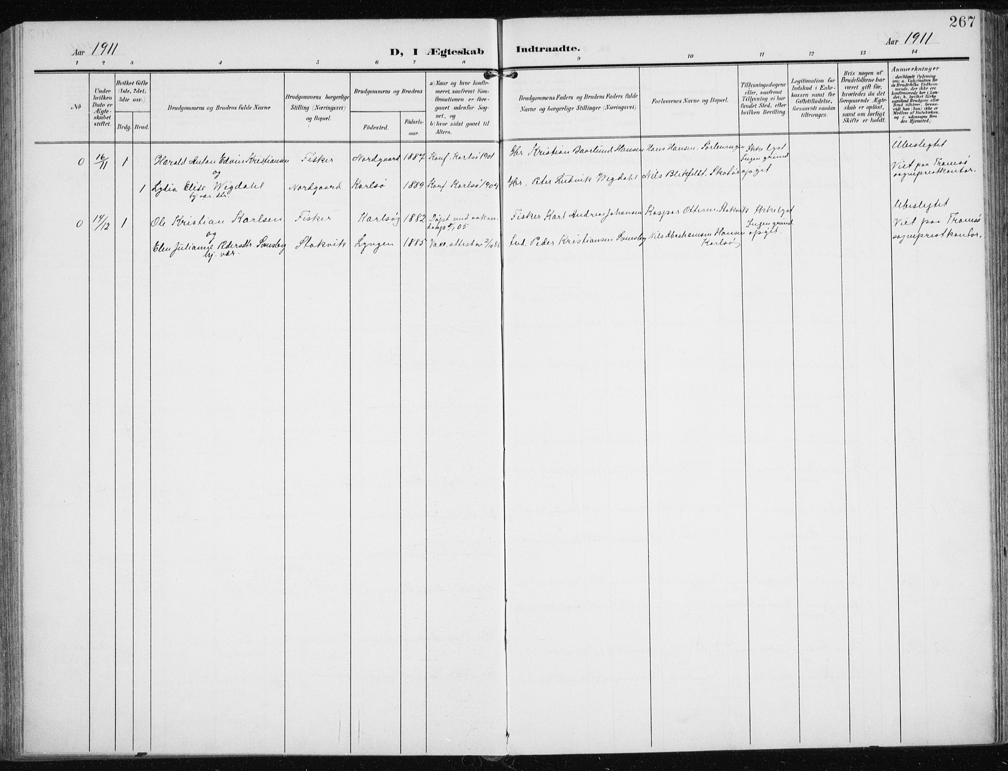 Karlsøy sokneprestembete, AV/SATØ-S-1299/H/Ha/Haa/L0014kirke: Parish register (official) no. 14, 1903-1917, p. 267