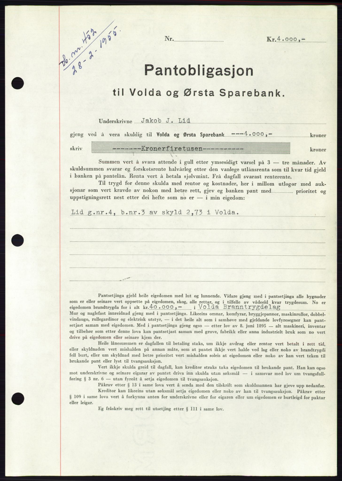 Søre Sunnmøre sorenskriveri, AV/SAT-A-4122/1/2/2C/L0126: Mortgage book no. 14B, 1954-1955, Diary no: : 452/1955