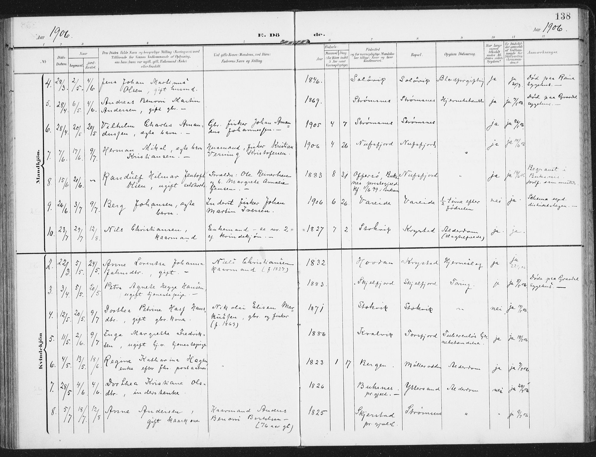 Ministerialprotokoller, klokkerbøker og fødselsregistre - Nordland, SAT/A-1459/885/L1206: Parish register (official) no. 885A07, 1905-1915, p. 138