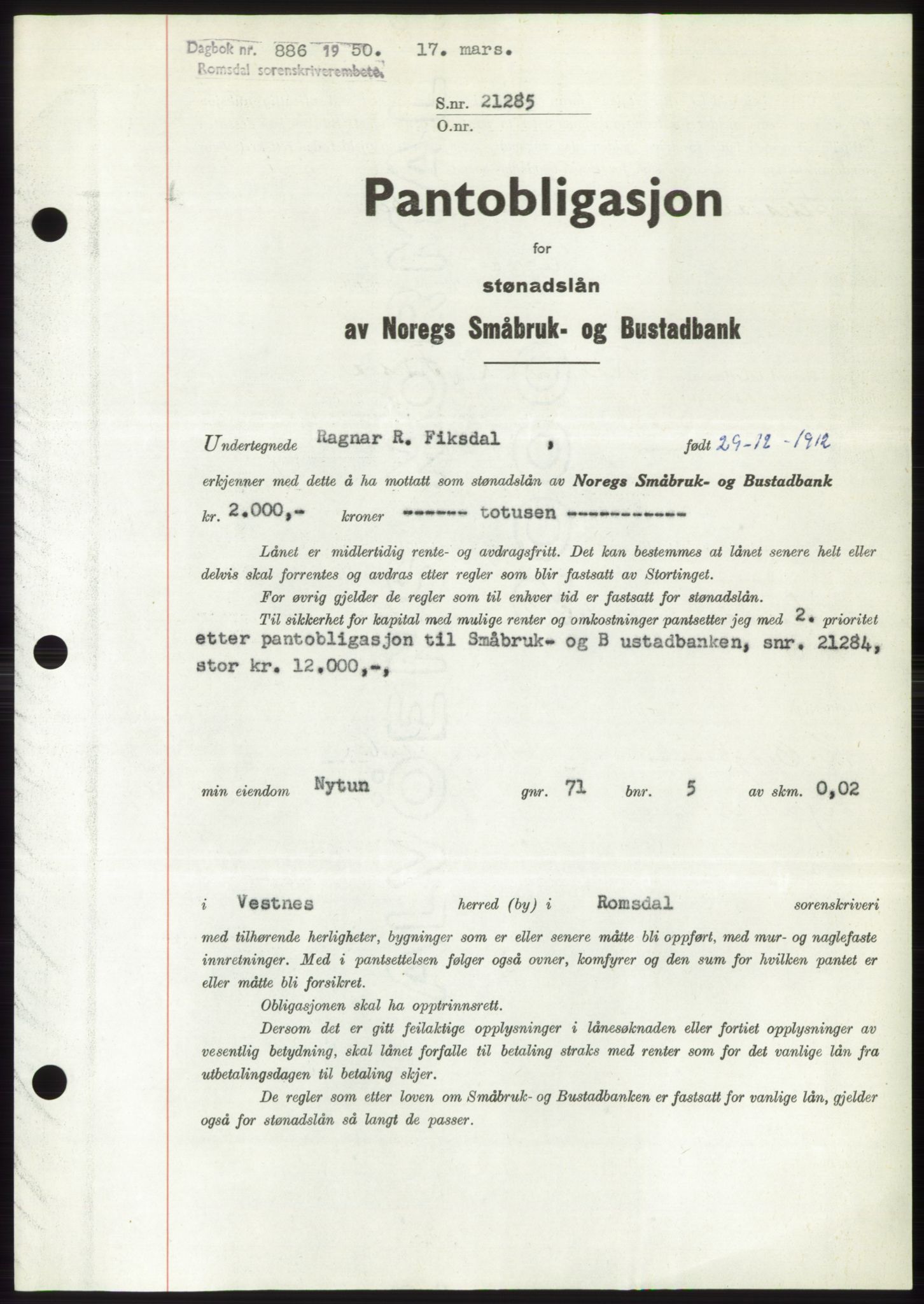 Romsdal sorenskriveri, AV/SAT-A-4149/1/2/2C: Mortgage book no. B5, 1949-1950, Diary no: : 886/1950