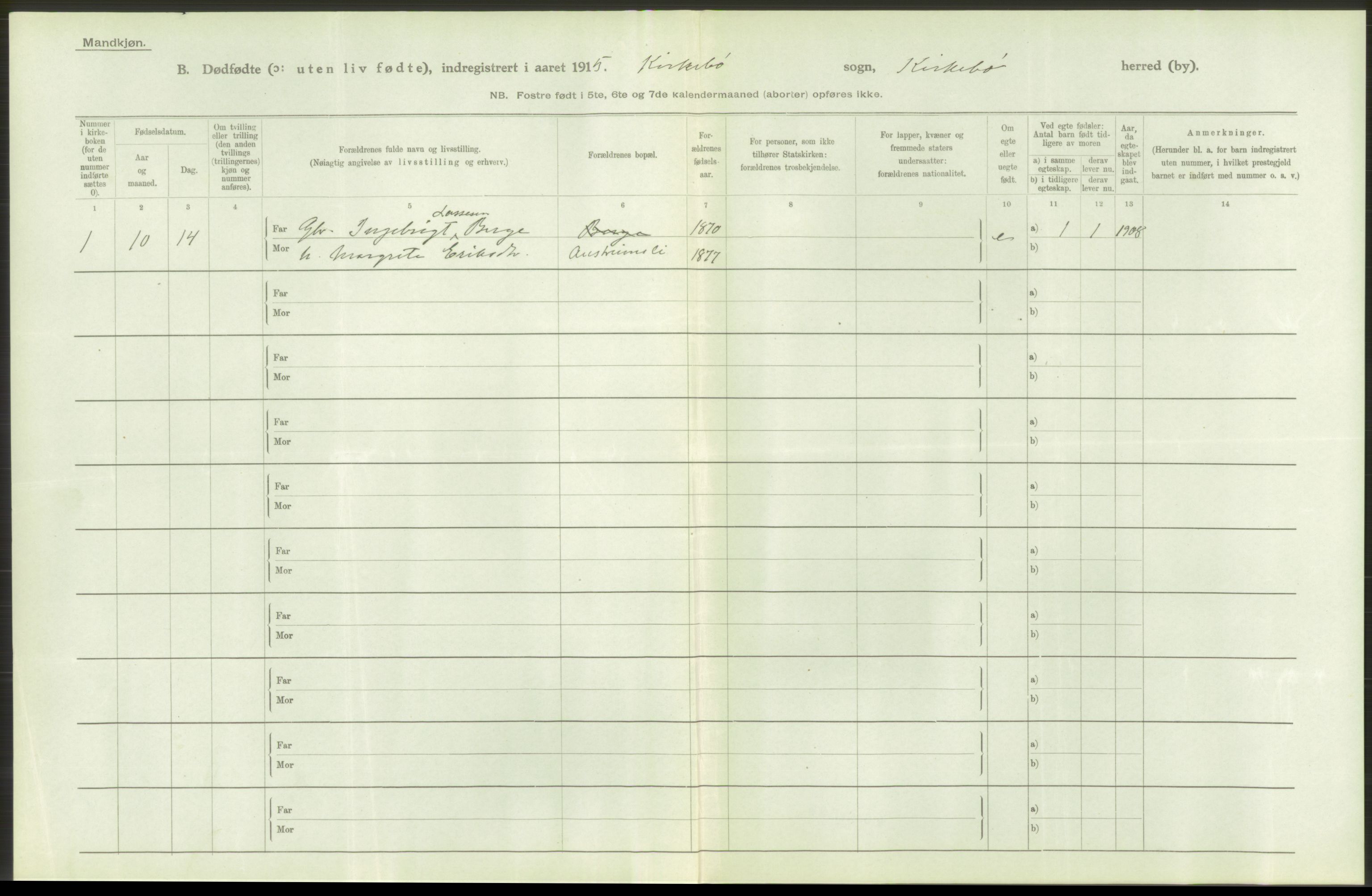 Statistisk sentralbyrå, Sosiodemografiske emner, Befolkning, AV/RA-S-2228/D/Df/Dfb/Dfbe/L0036: N. Bergenhus amt: Døde, dødfødte. Bygder., 1915, p. 32