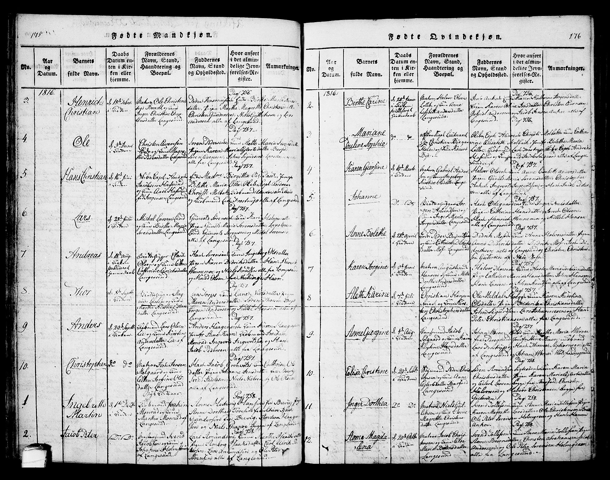 Bamble kirkebøker, SAKO/A-253/F/Fa/L0003: Parish register (official) no. I 3 /2, 1815-1834, p. 175-176