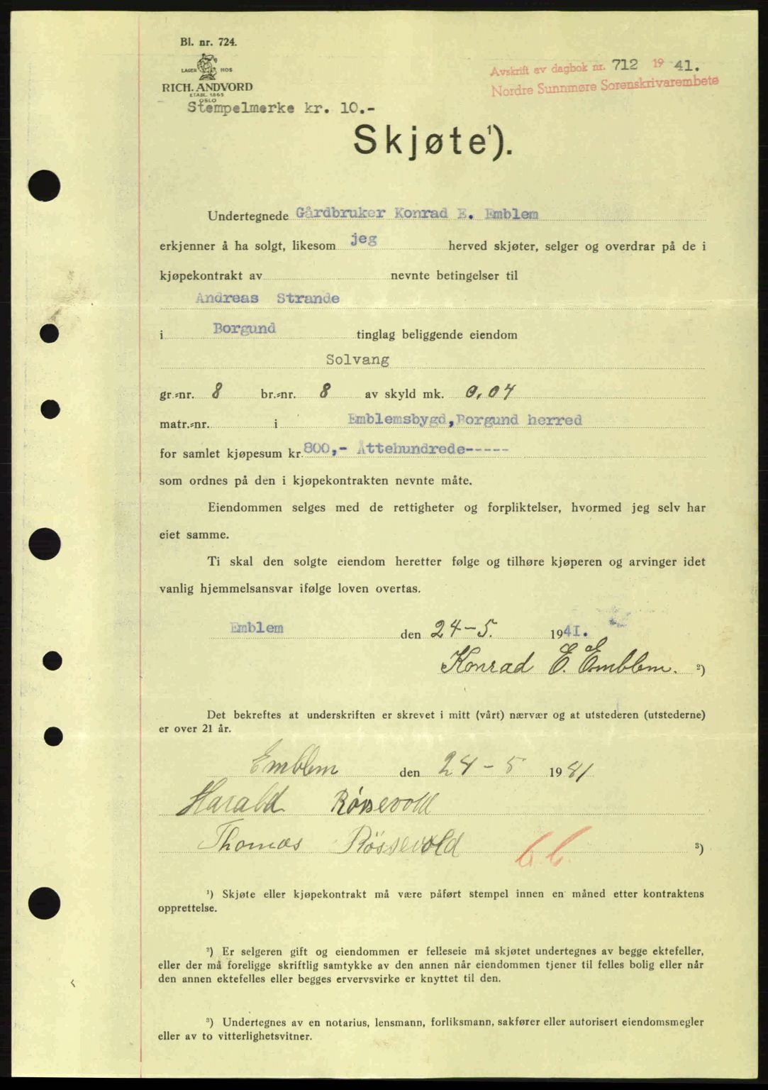 Nordre Sunnmøre sorenskriveri, AV/SAT-A-0006/1/2/2C/2Ca: Mortgage book no. A10, 1940-1941, Diary no: : 712/1941