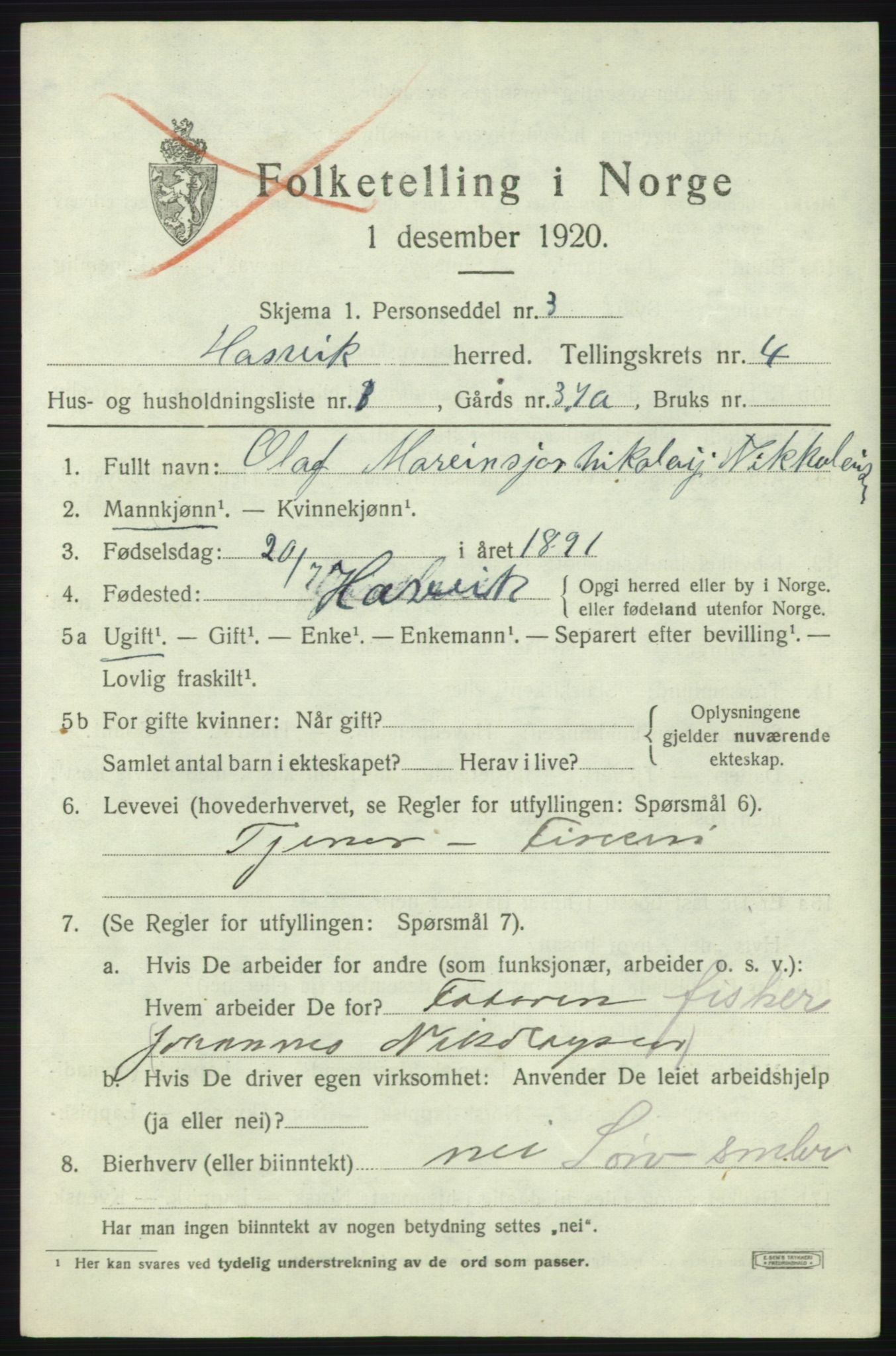 SATØ, 1920 census for Hasvik, 1920, p. 1761