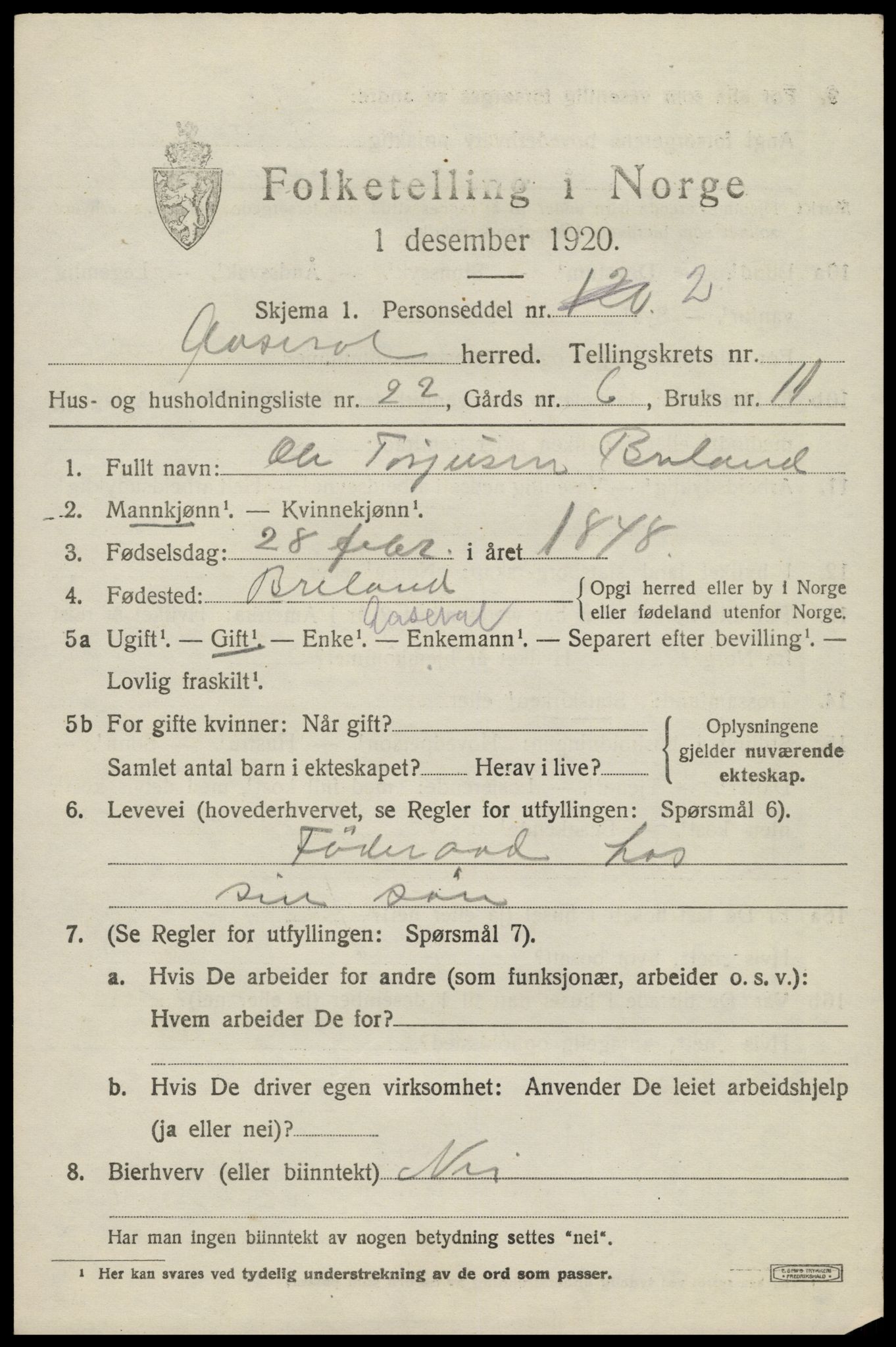 SAK, 1920 census for Åseral, 1920, p. 2036