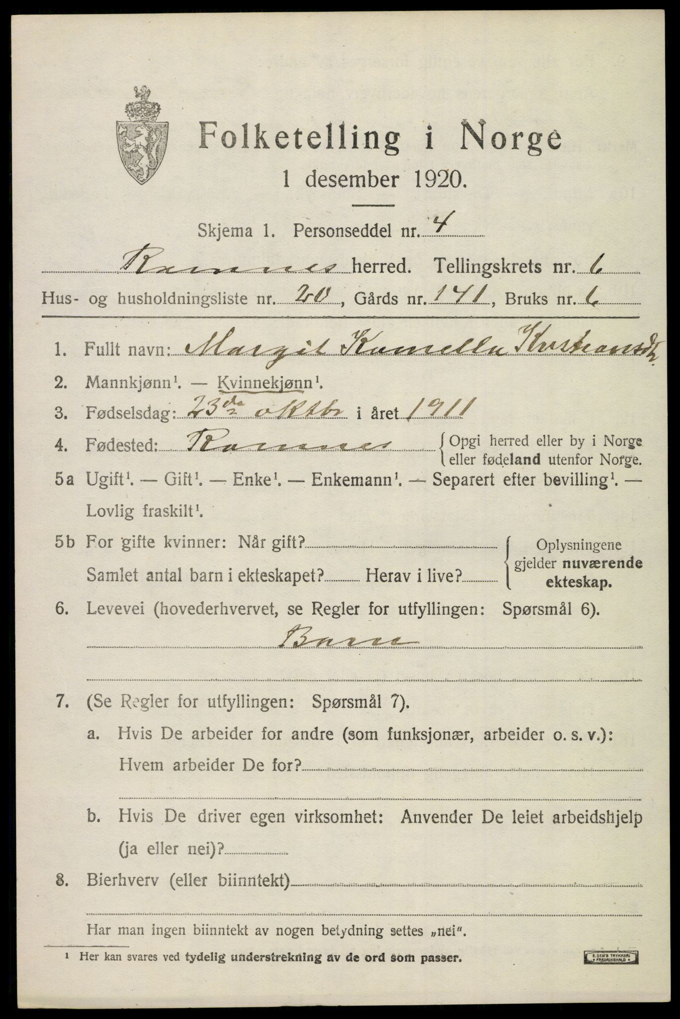 SAKO, 1920 census for Ramnes, 1920, p. 6392