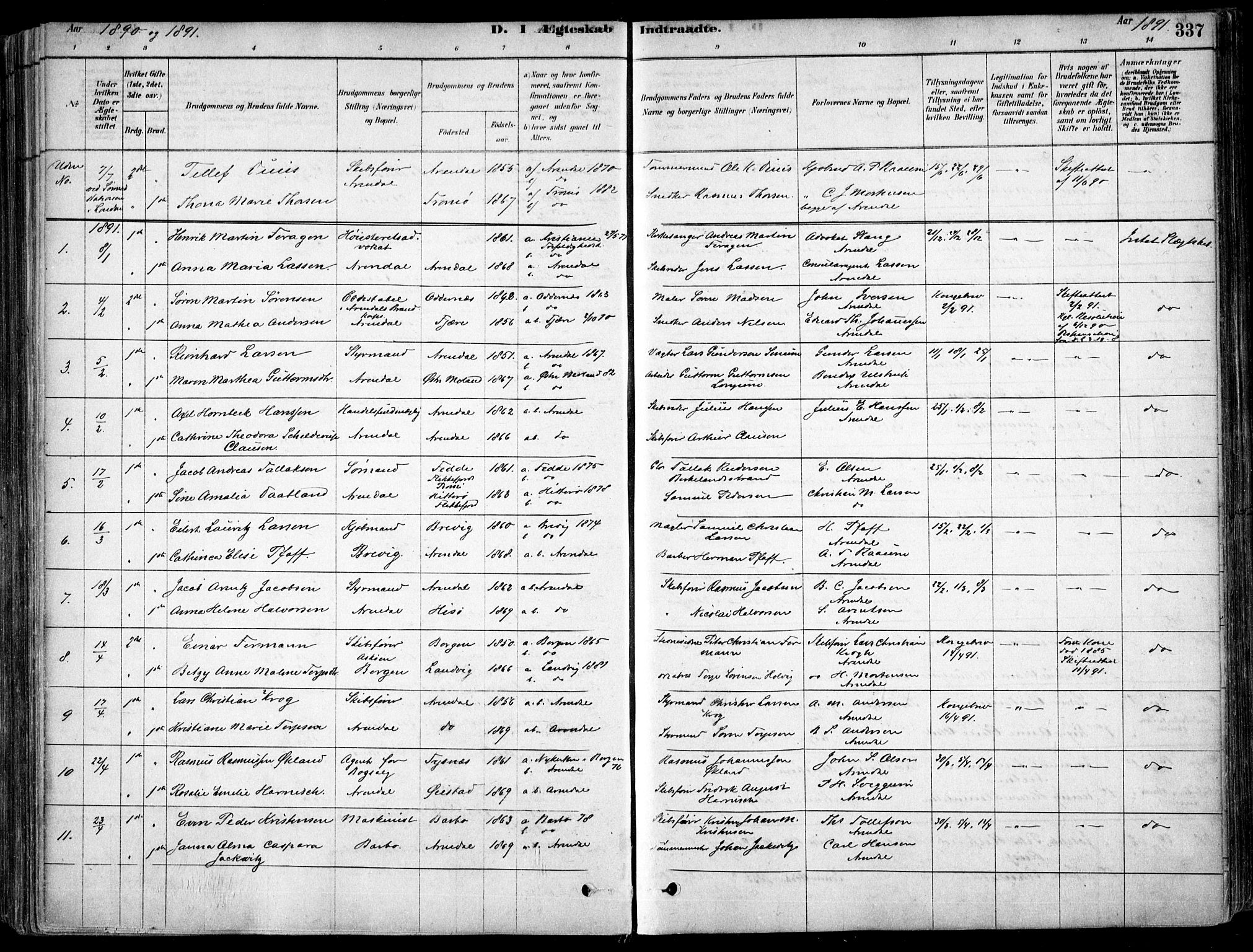 Arendal sokneprestkontor, Trefoldighet, SAK/1111-0040/F/Fa/L0008: Parish register (official) no. A 8, 1878-1899, p. 337