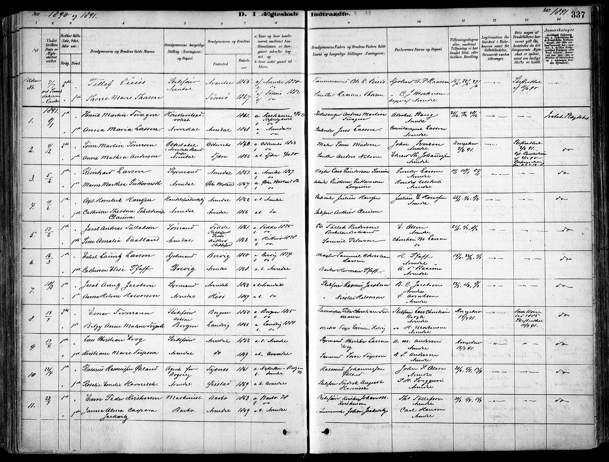 Arendal sokneprestkontor, Trefoldighet, AV/SAK-1111-0040/F/Fa/L0008: Parish register (official) no. A 8, 1878-1899, p. 337