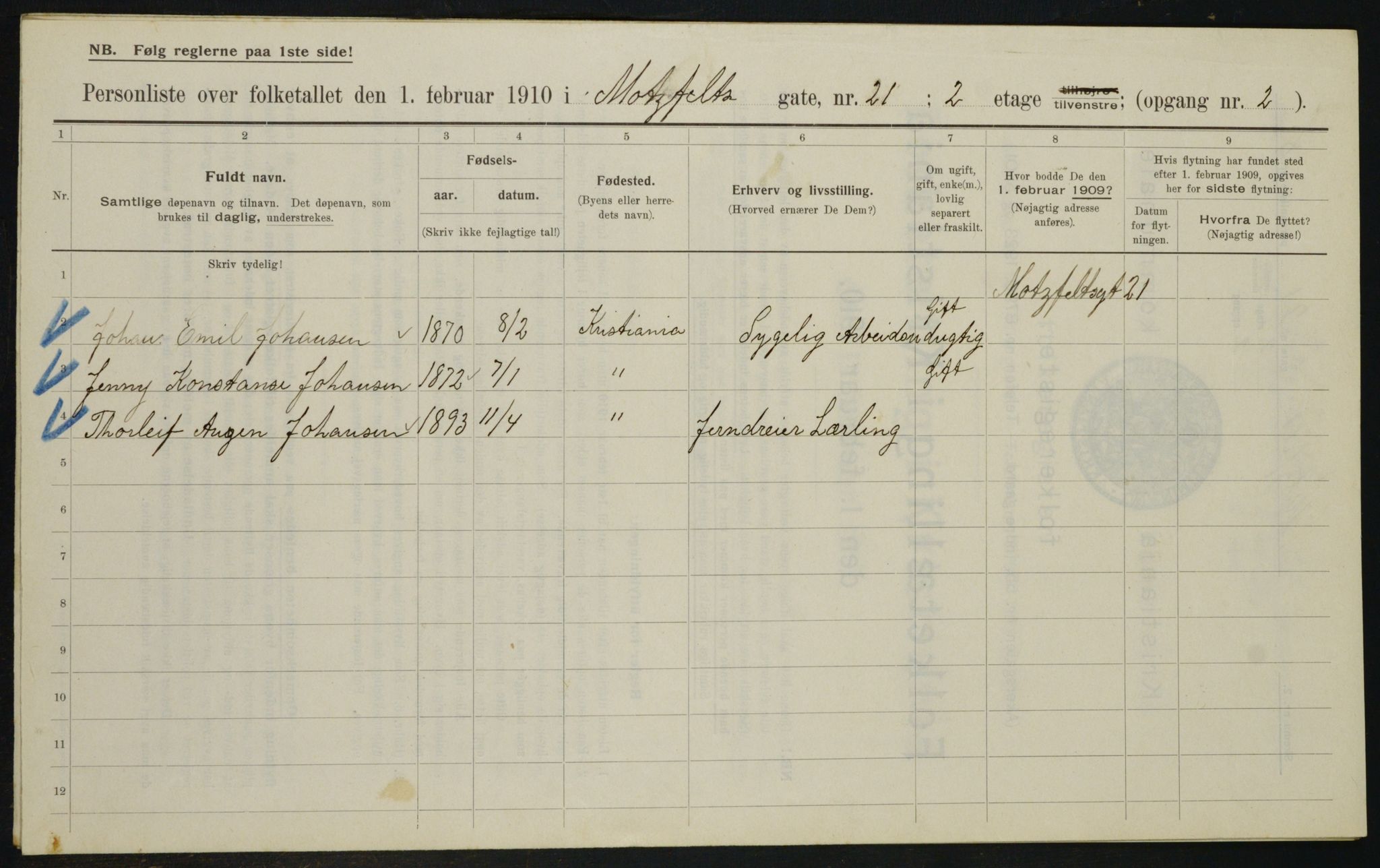 OBA, Municipal Census 1910 for Kristiania, 1910, p. 64141