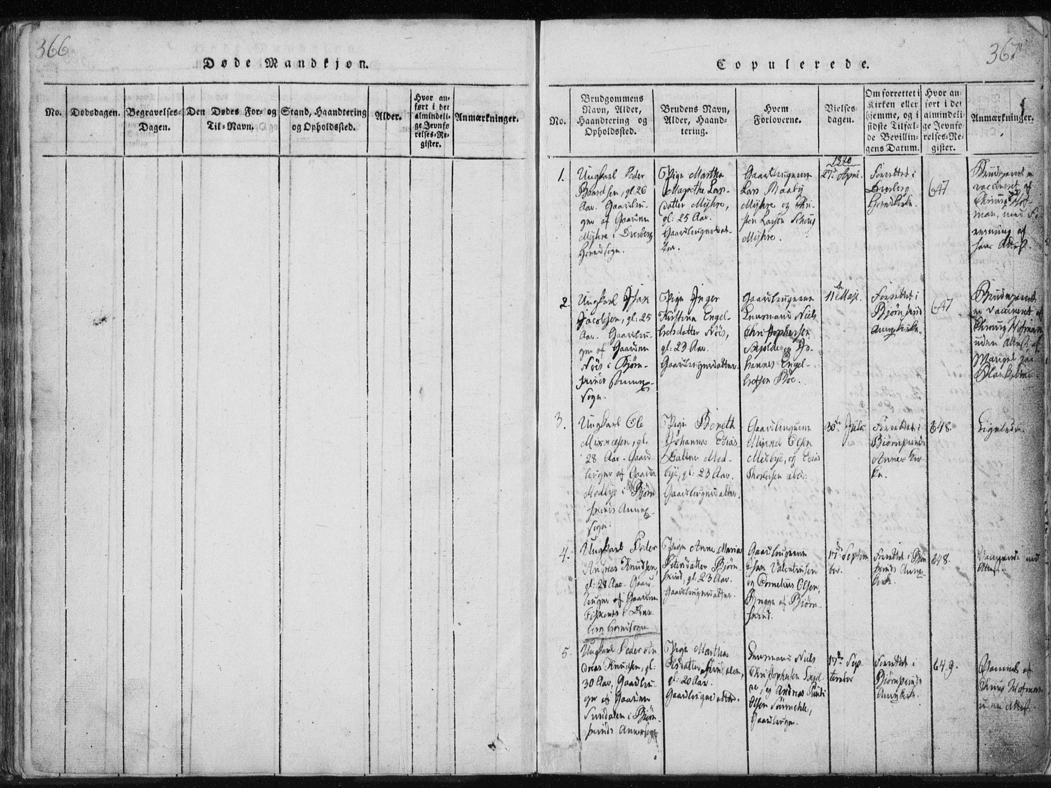 Ministerialprotokoller, klokkerbøker og fødselsregistre - Nordland, AV/SAT-A-1459/897/L1411: Parish register (copy) no. 897C01, 1820-1866, p. 366-367