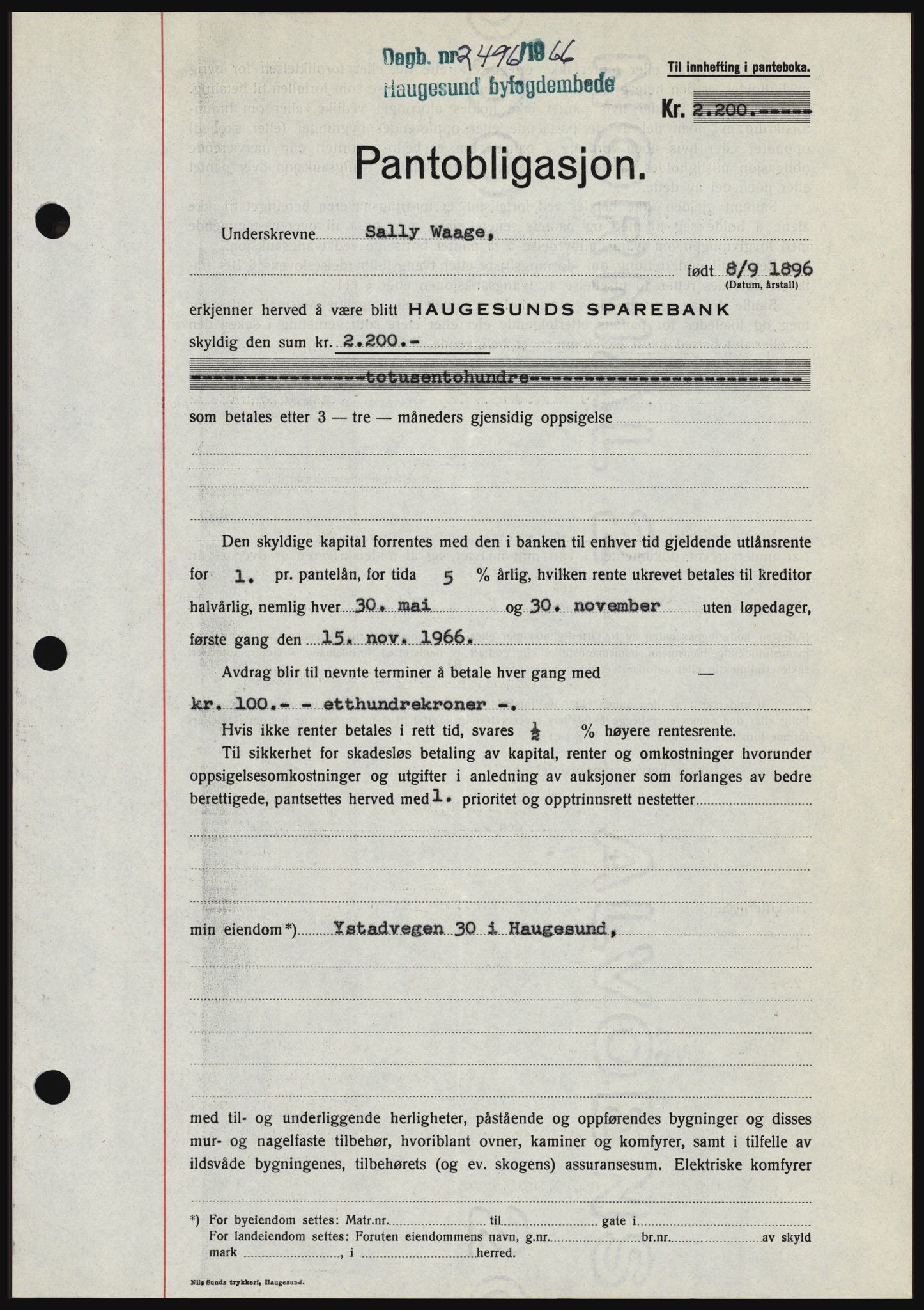 Haugesund tingrett, SAST/A-101415/01/II/IIC/L0056: Mortgage book no. B 56, 1966-1967, Diary no: : 2496/1966