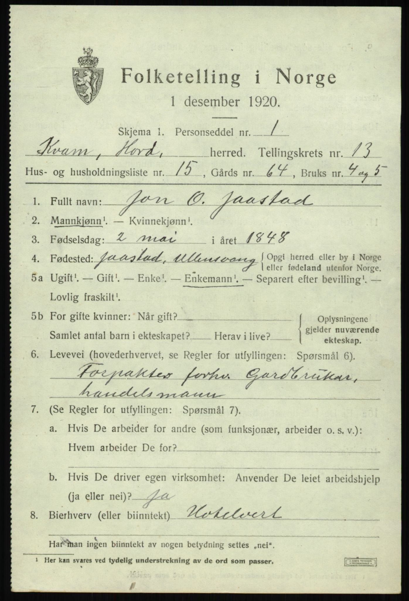 SAB, 1920 census for Kvam, 1920, p. 8161