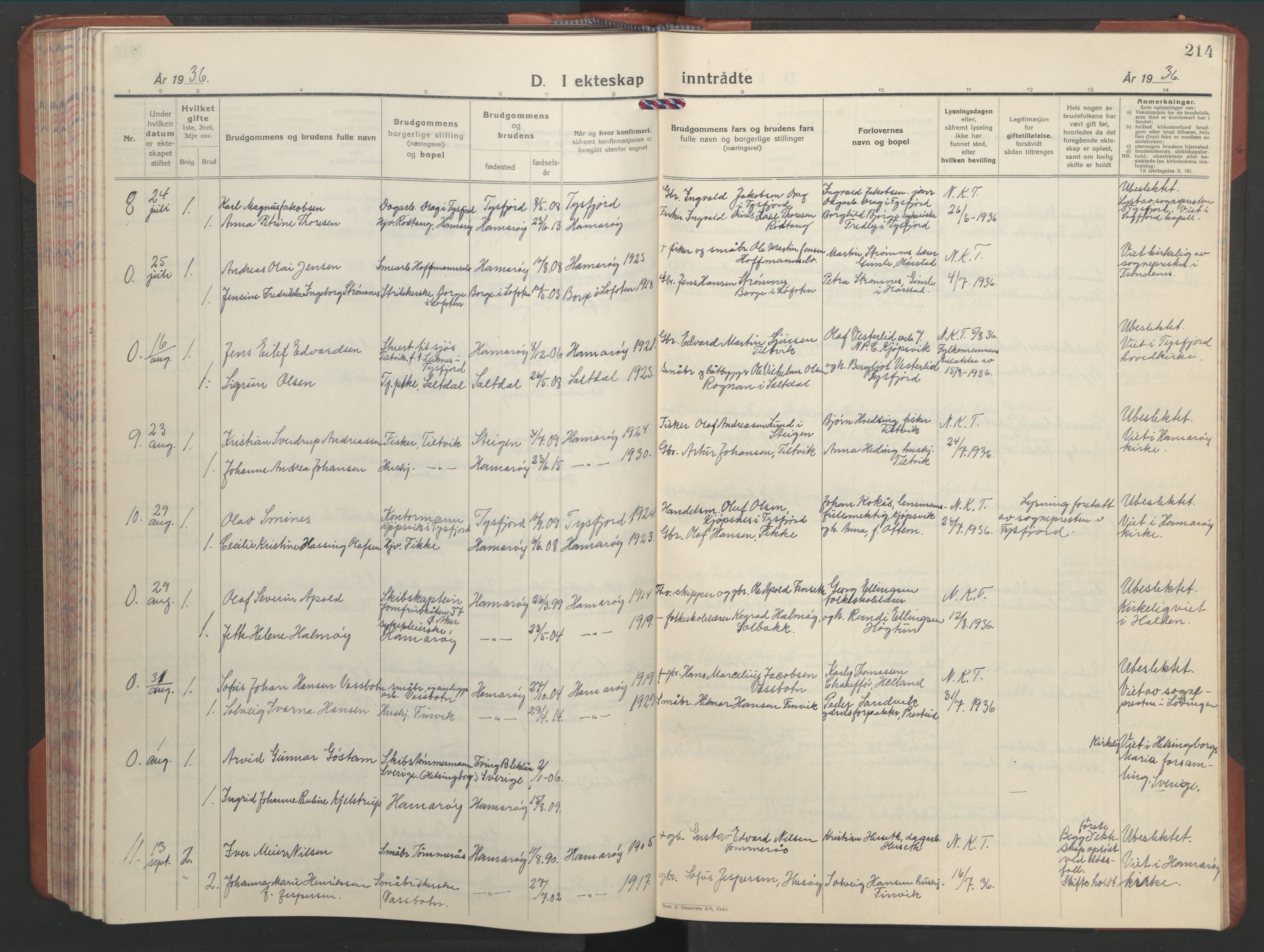 Ministerialprotokoller, klokkerbøker og fødselsregistre - Nordland, AV/SAT-A-1459/859/L0862: Parish register (copy) no. 859C08, 1925-1936, p. 214