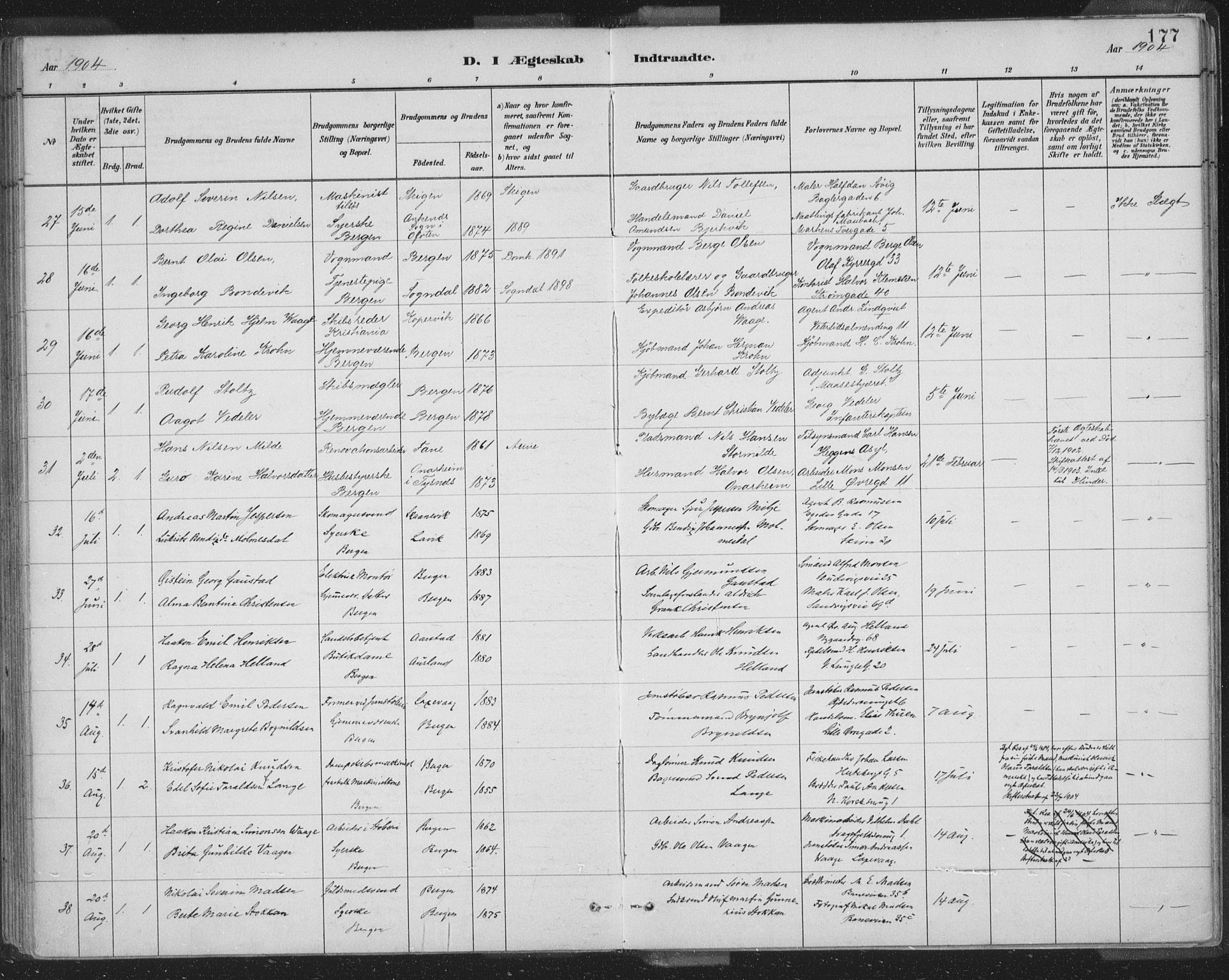 Domkirken sokneprestembete, AV/SAB-A-74801/H/Hab/L0032: Parish register (copy) no. D 4, 1880-1907, p. 177