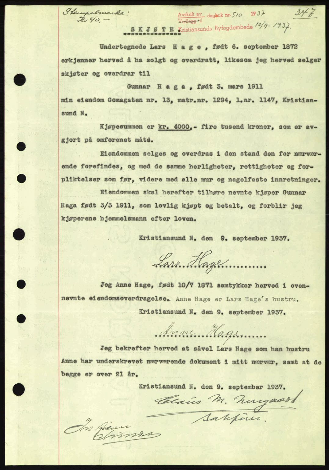 Kristiansund byfogd, AV/SAT-A-4587/A/27: Mortgage book no. 30, 1936-1941, Diary no: : 510/1937