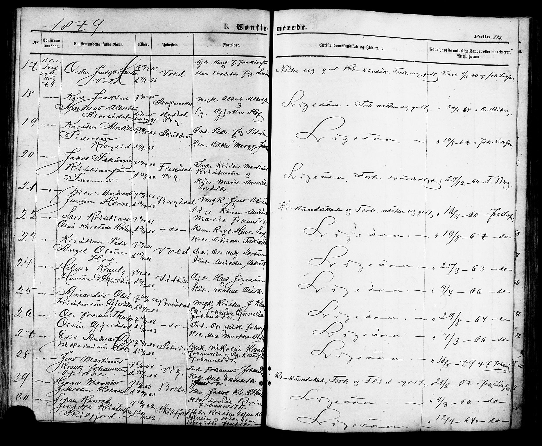 Ministerialprotokoller, klokkerbøker og fødselsregistre - Nordland, AV/SAT-A-1459/881/L1166: Parish register (copy) no. 881C03, 1876-1885, p. 113