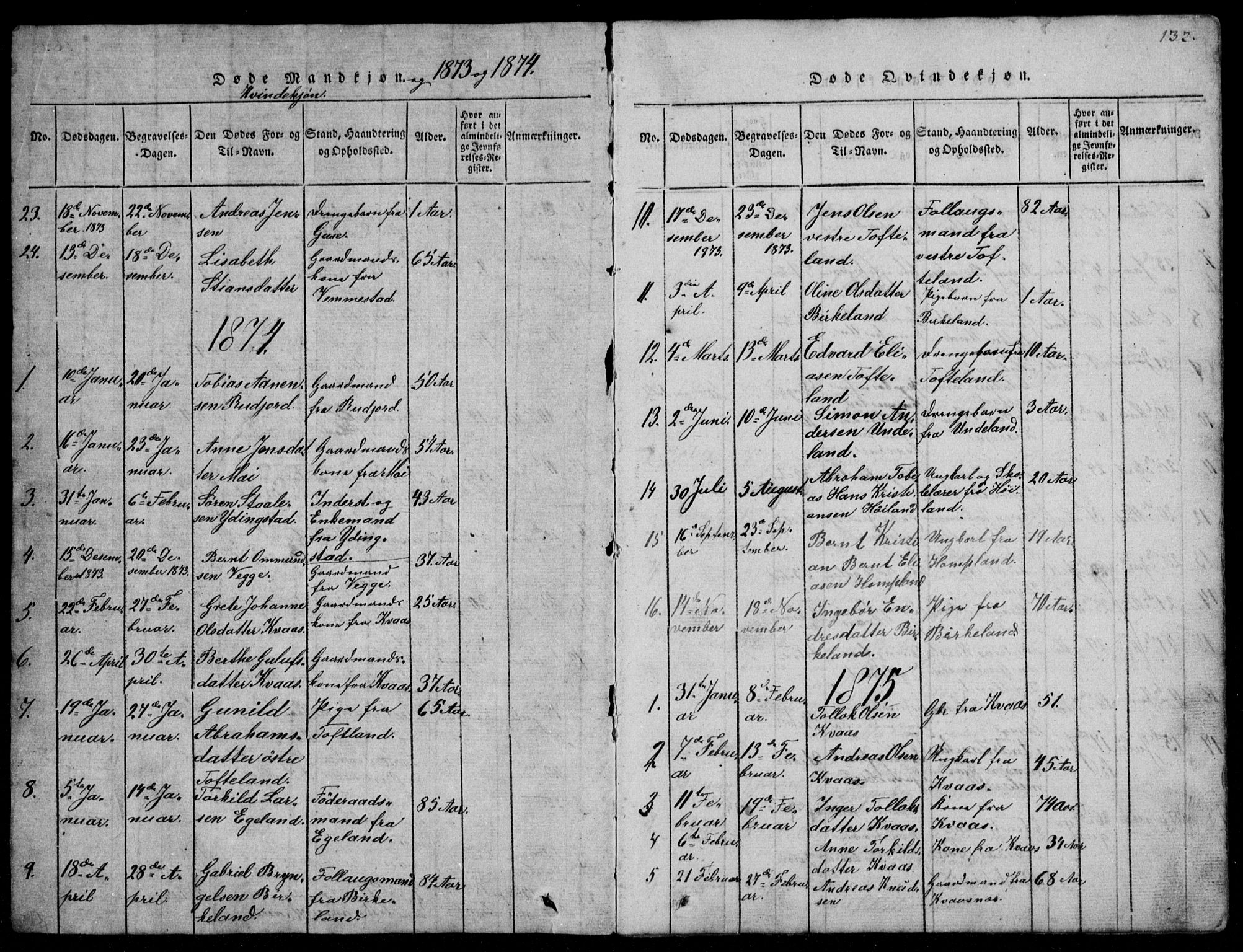 Lyngdal sokneprestkontor, AV/SAK-1111-0029/F/Fb/Fbb/L0001: Parish register (copy) no. B 1, 1816-1900, p. 132