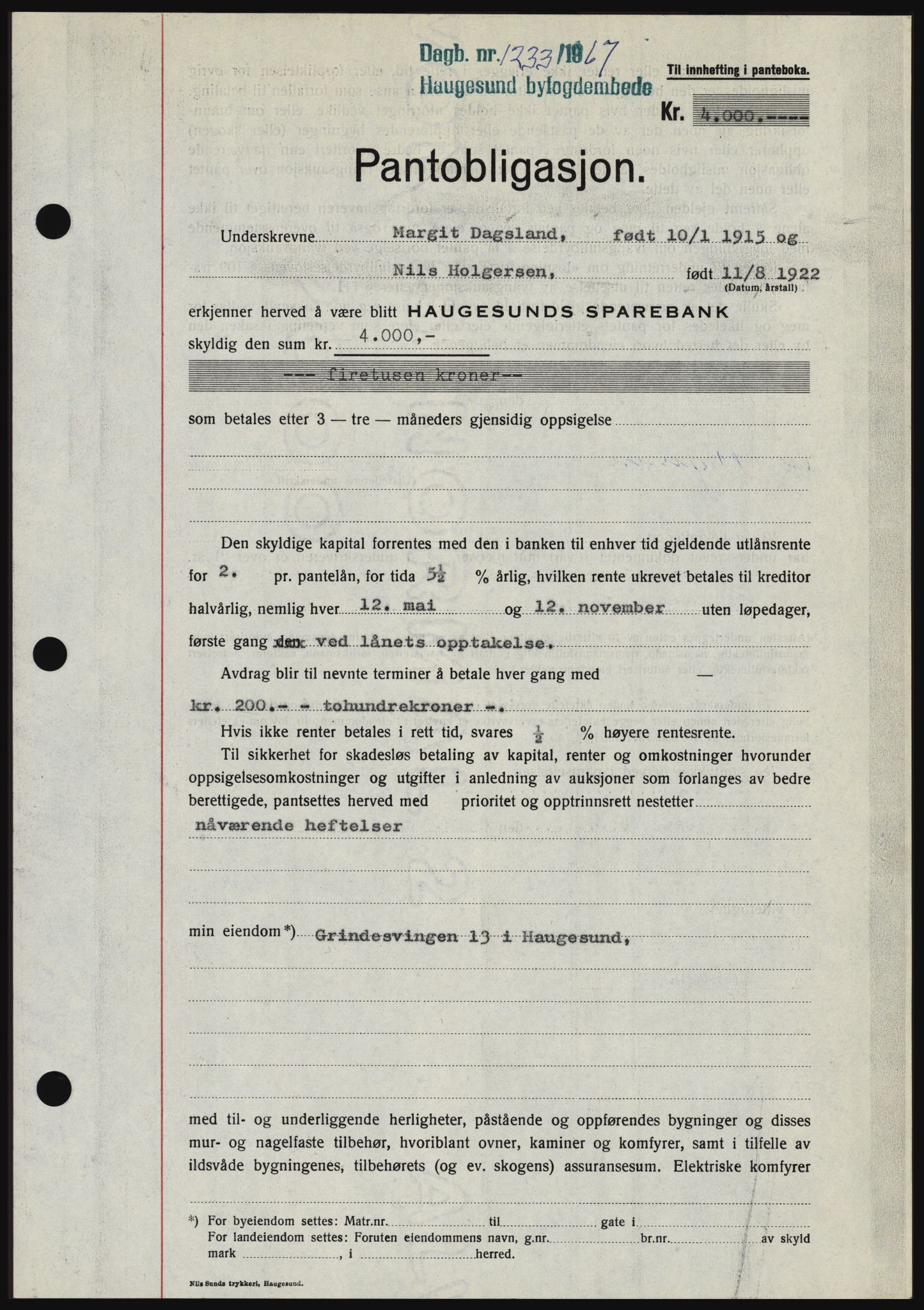 Haugesund tingrett, SAST/A-101415/01/II/IIC/L0056: Mortgage book no. B 56, 1966-1967, Diary no: : 1233/1967