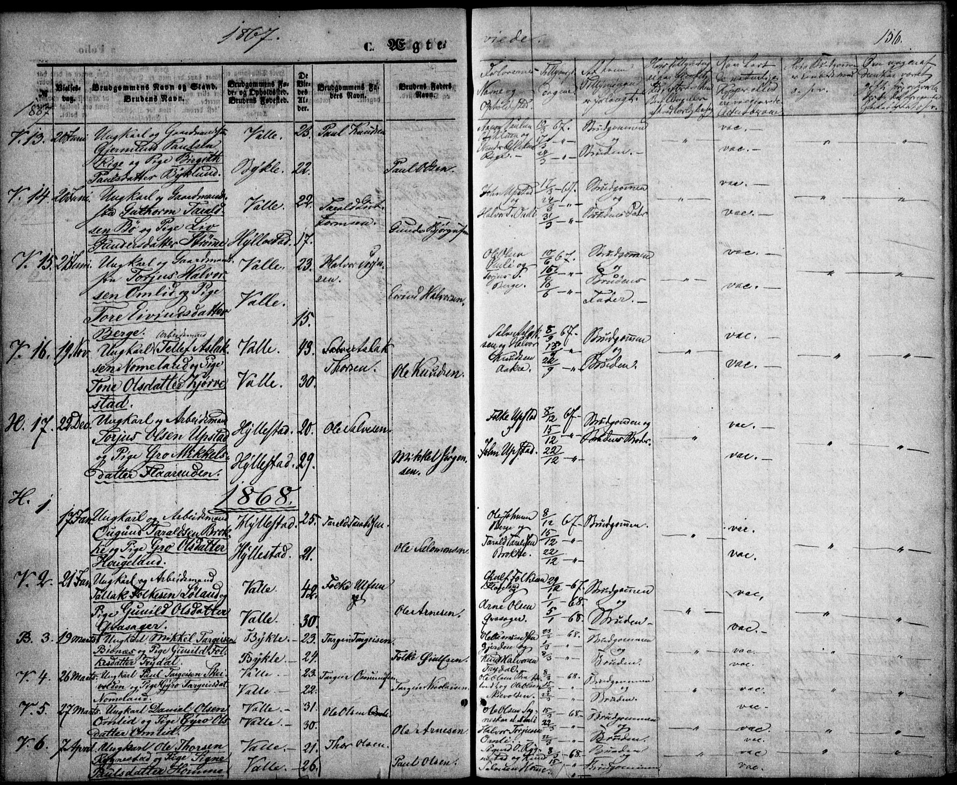 Valle sokneprestkontor, AV/SAK-1111-0044/F/Fa/Fac/L0007: Parish register (official) no. A 7, 1854-1868, p. 156