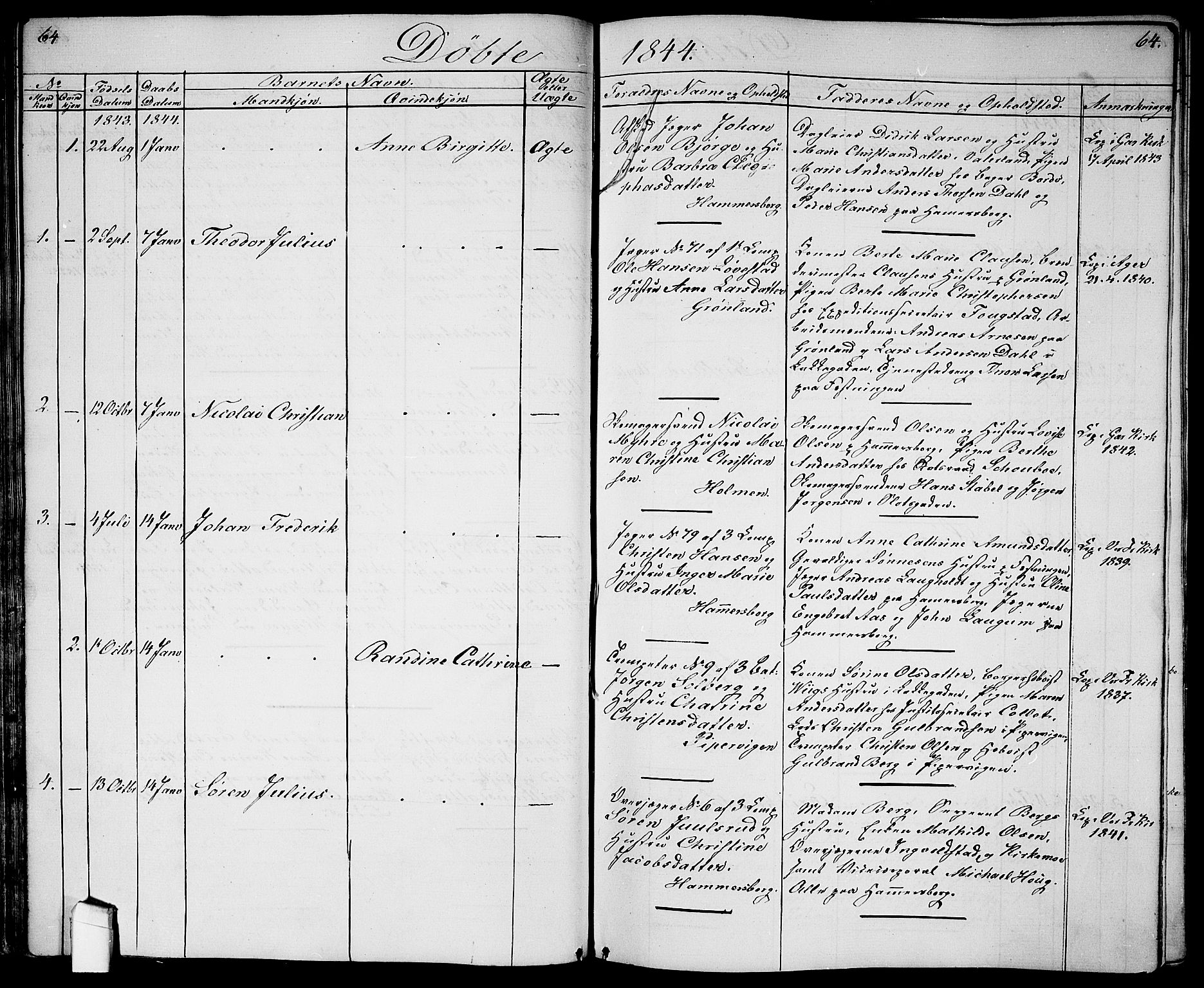 Garnisonsmenigheten Kirkebøker, AV/SAO-A-10846/G/Ga/L0005: Parish register (copy) no. 5, 1841-1860, p. 64