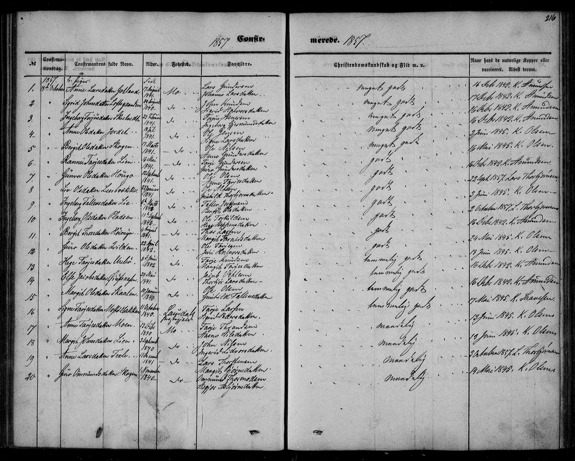 Mo kirkebøker, SAKO/A-286/F/Fa/L0005: Parish register (official) no. I 5, 1844-1864, p. 216
