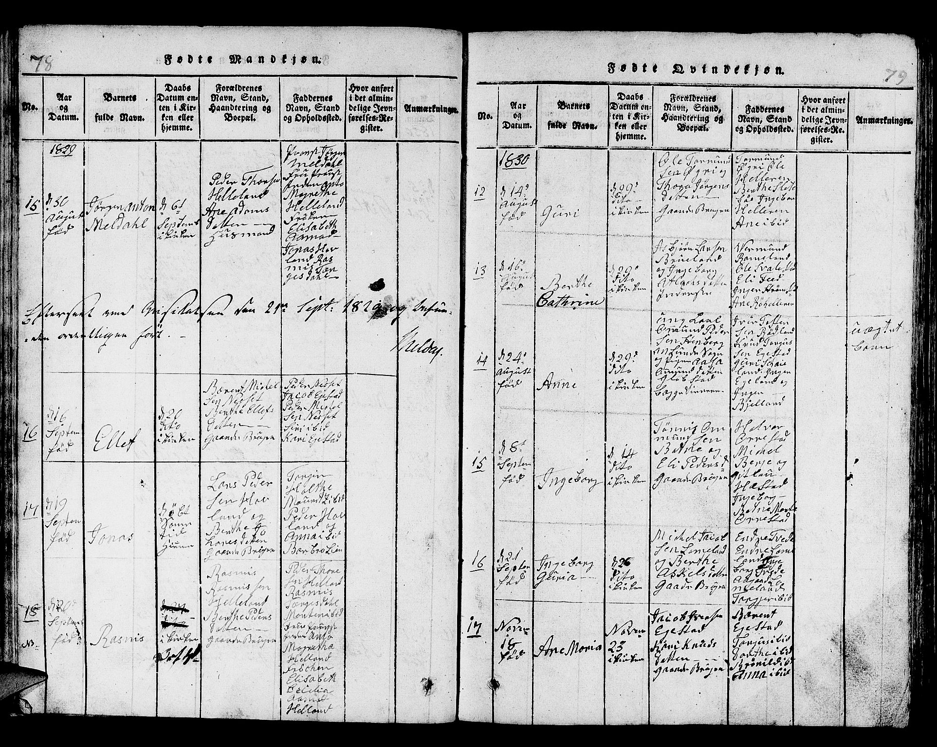 Helleland sokneprestkontor, SAST/A-101810: Parish register (copy) no. B 1, 1815-1841, p. 78-79