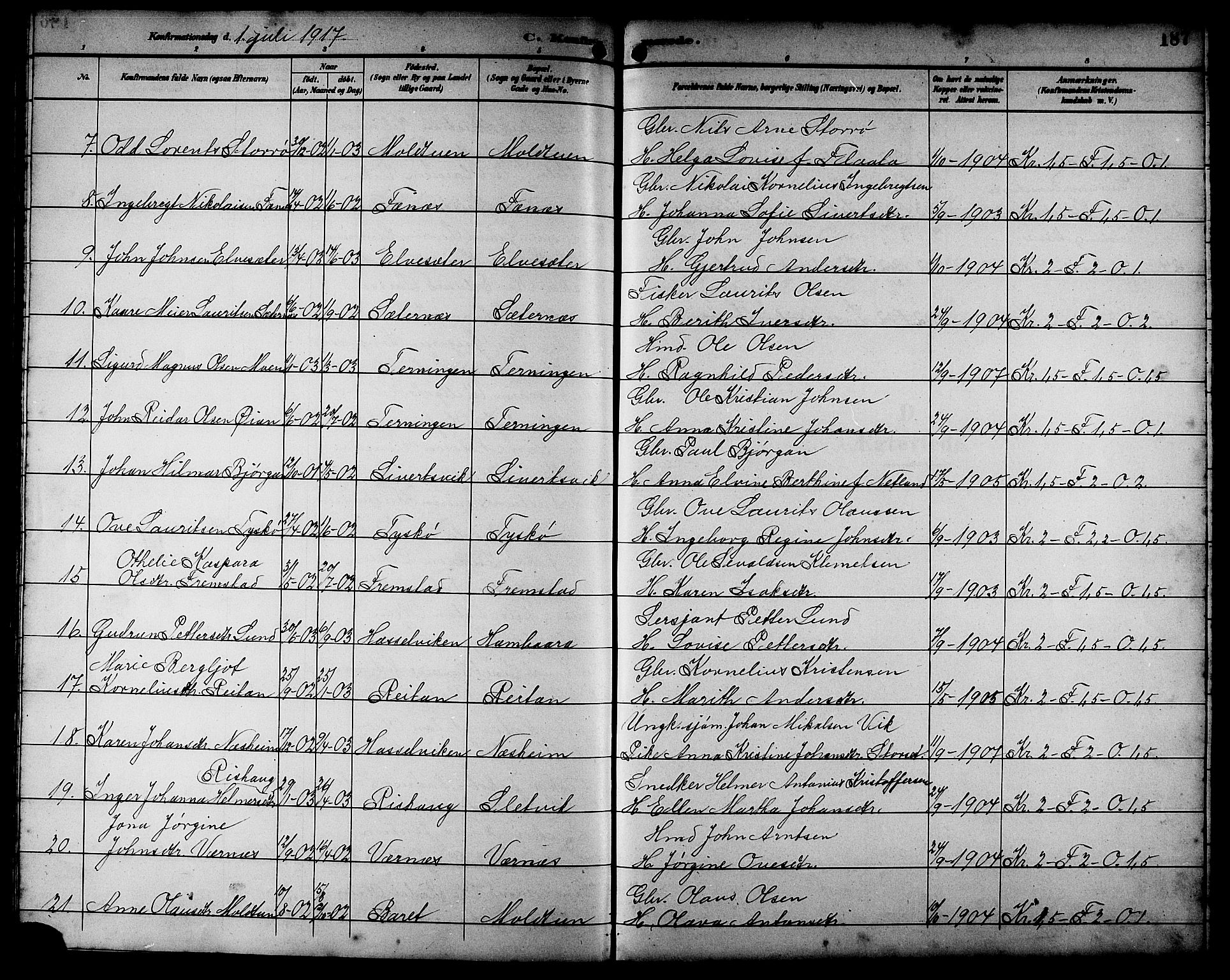 Ministerialprotokoller, klokkerbøker og fødselsregistre - Sør-Trøndelag, SAT/A-1456/662/L0757: Parish register (copy) no. 662C02, 1892-1918, p. 187