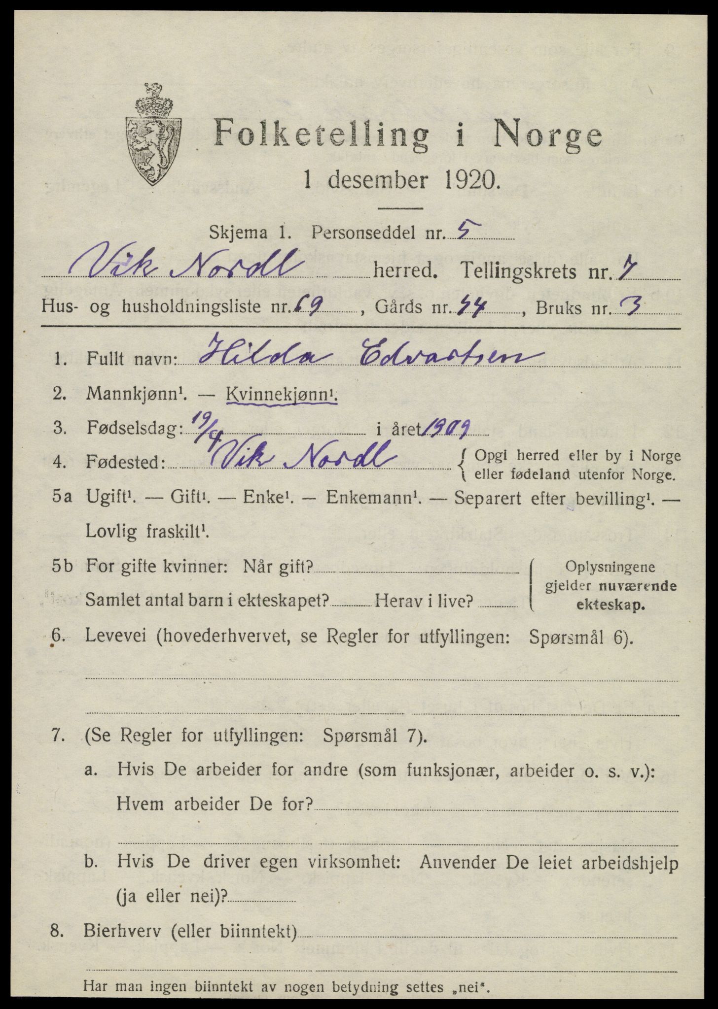 SAT, 1920 census for Vik, 1920, p. 5237