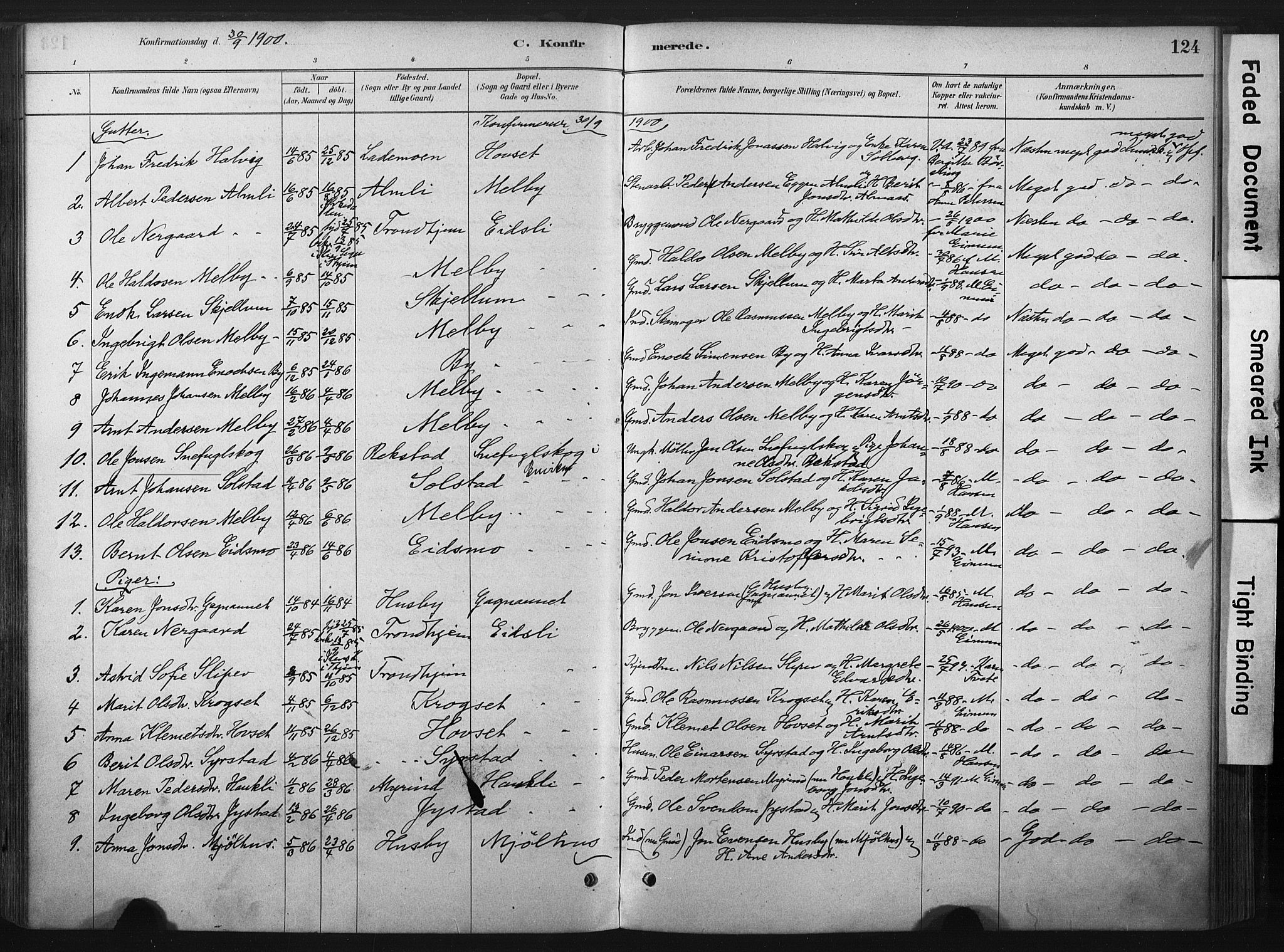 Ministerialprotokoller, klokkerbøker og fødselsregistre - Sør-Trøndelag, AV/SAT-A-1456/667/L0795: Parish register (official) no. 667A03, 1879-1907, p. 124