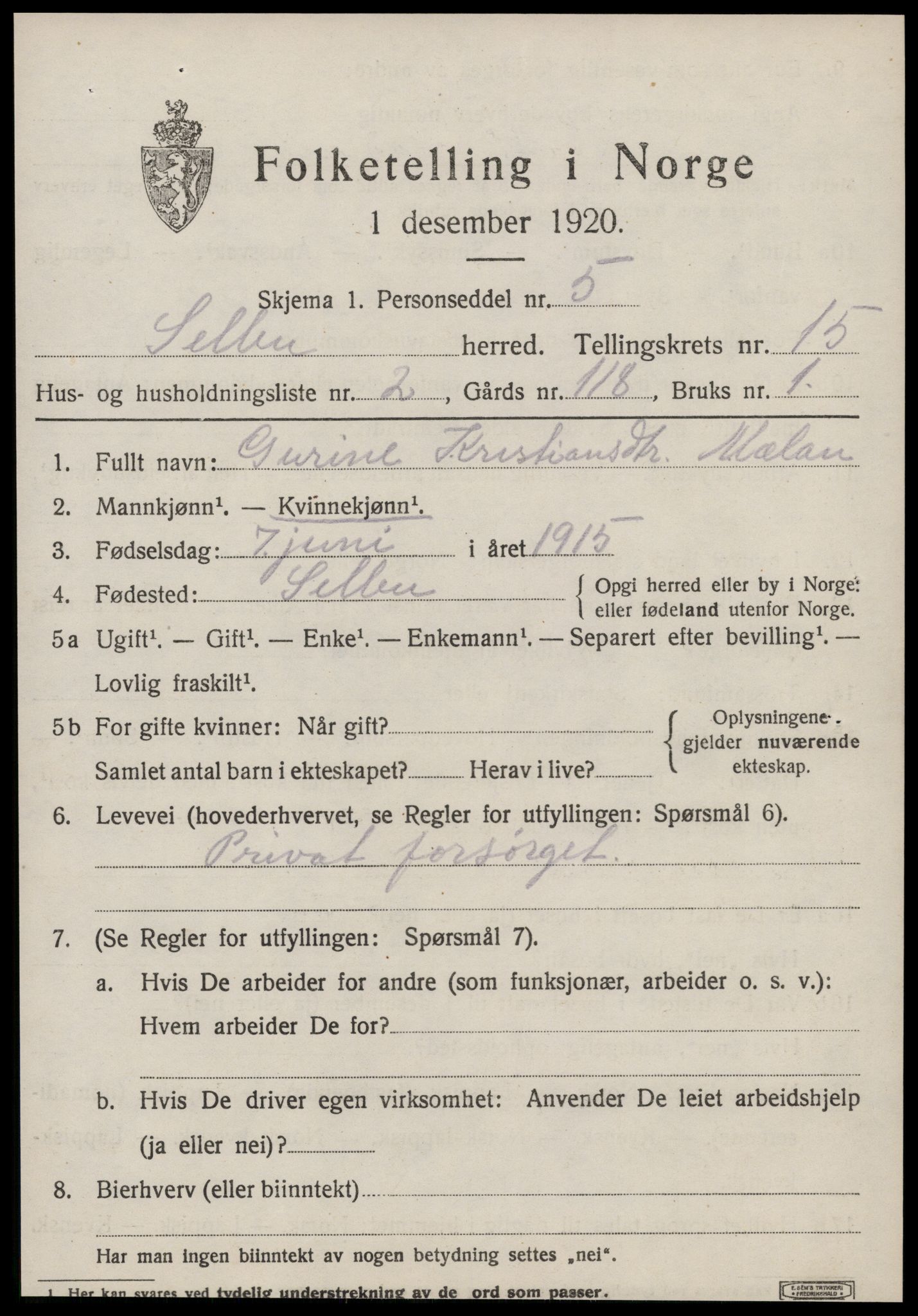 SAT, 1920 census for Selbu, 1920, p. 7866