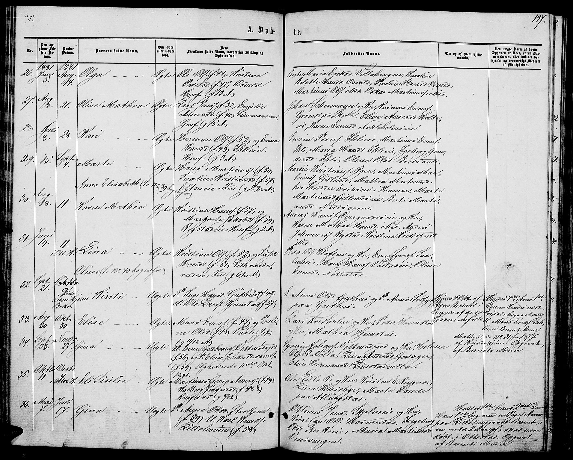 Stange prestekontor, AV/SAH-PREST-002/L/L0006: Parish register (copy) no. 6, 1864-1882, p. 137