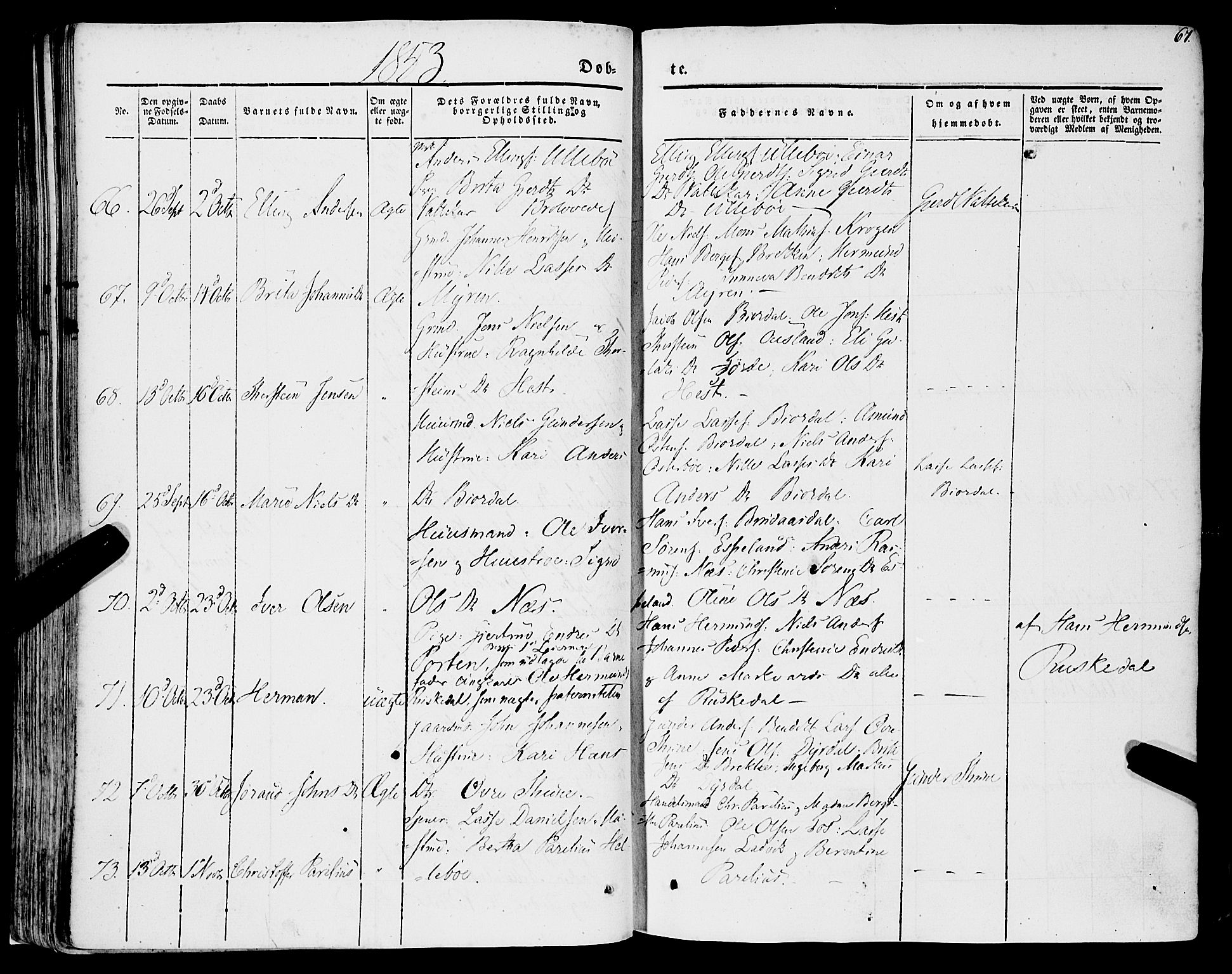 Lavik sokneprestembete, AV/SAB-A-80901: Parish register (official) no. A 3, 1843-1863, p. 67