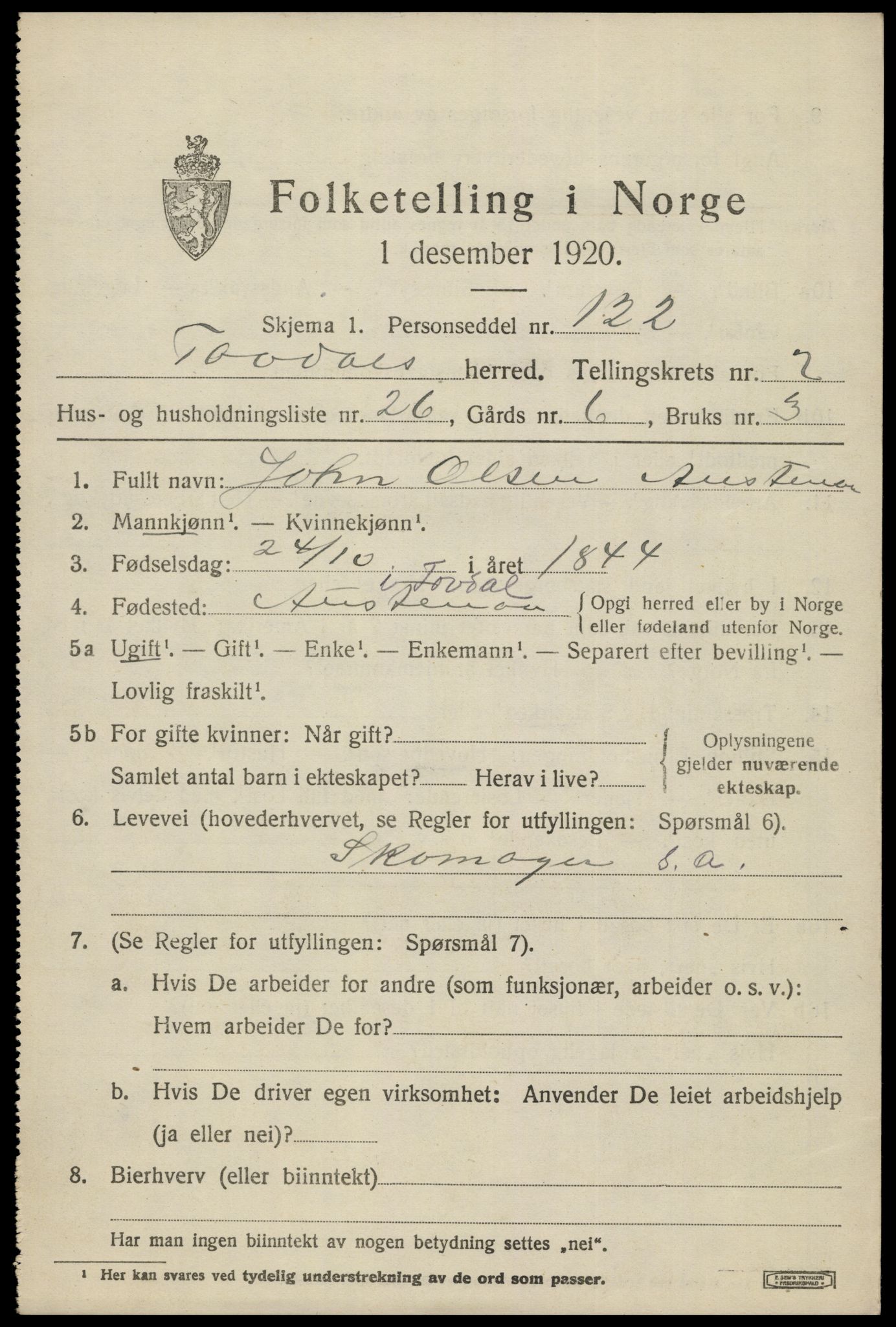 SAK, 1920 census for Tovdal, 1920, p. 567