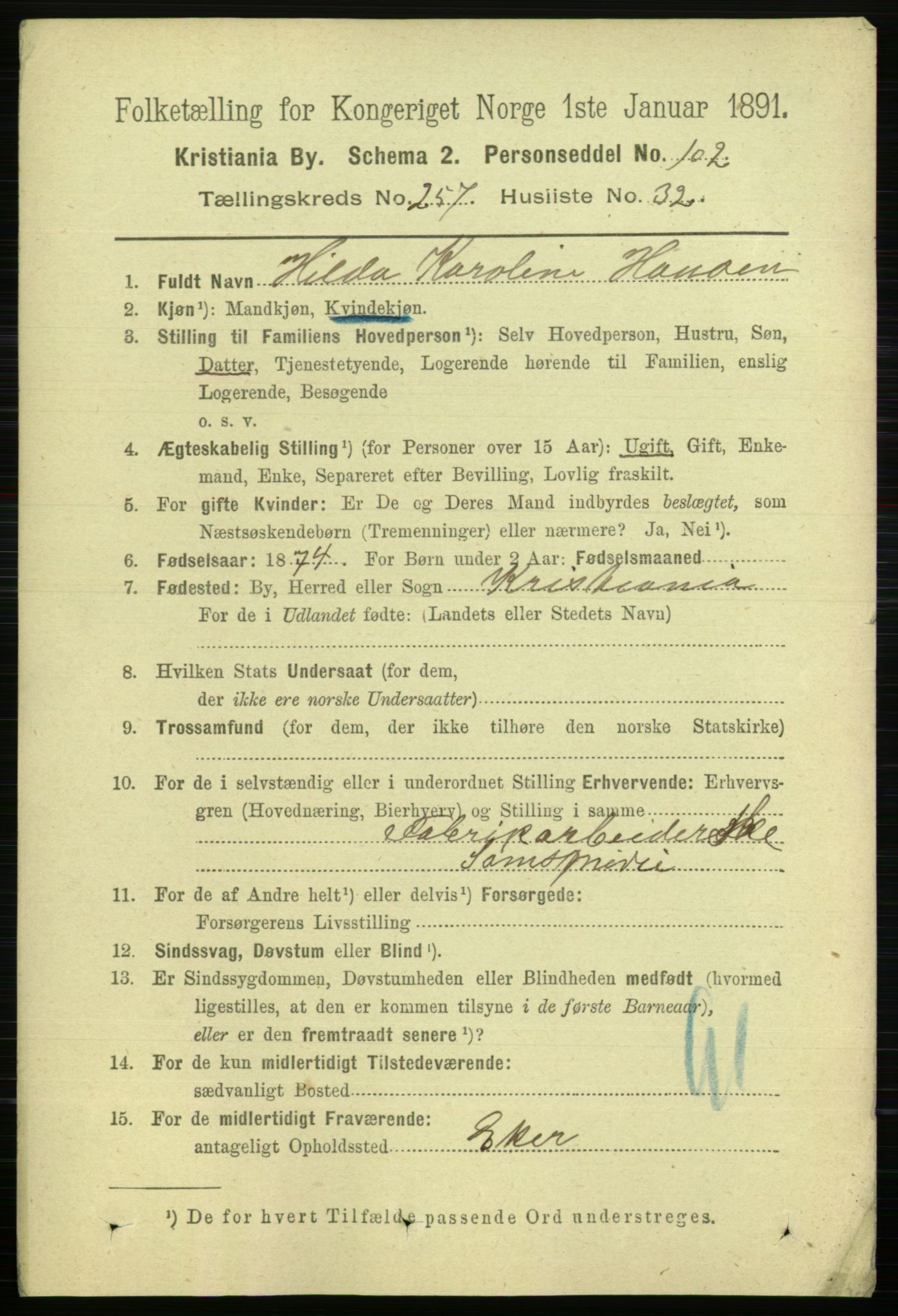 RA, 1891 census for 0301 Kristiania, 1891, p. 157017