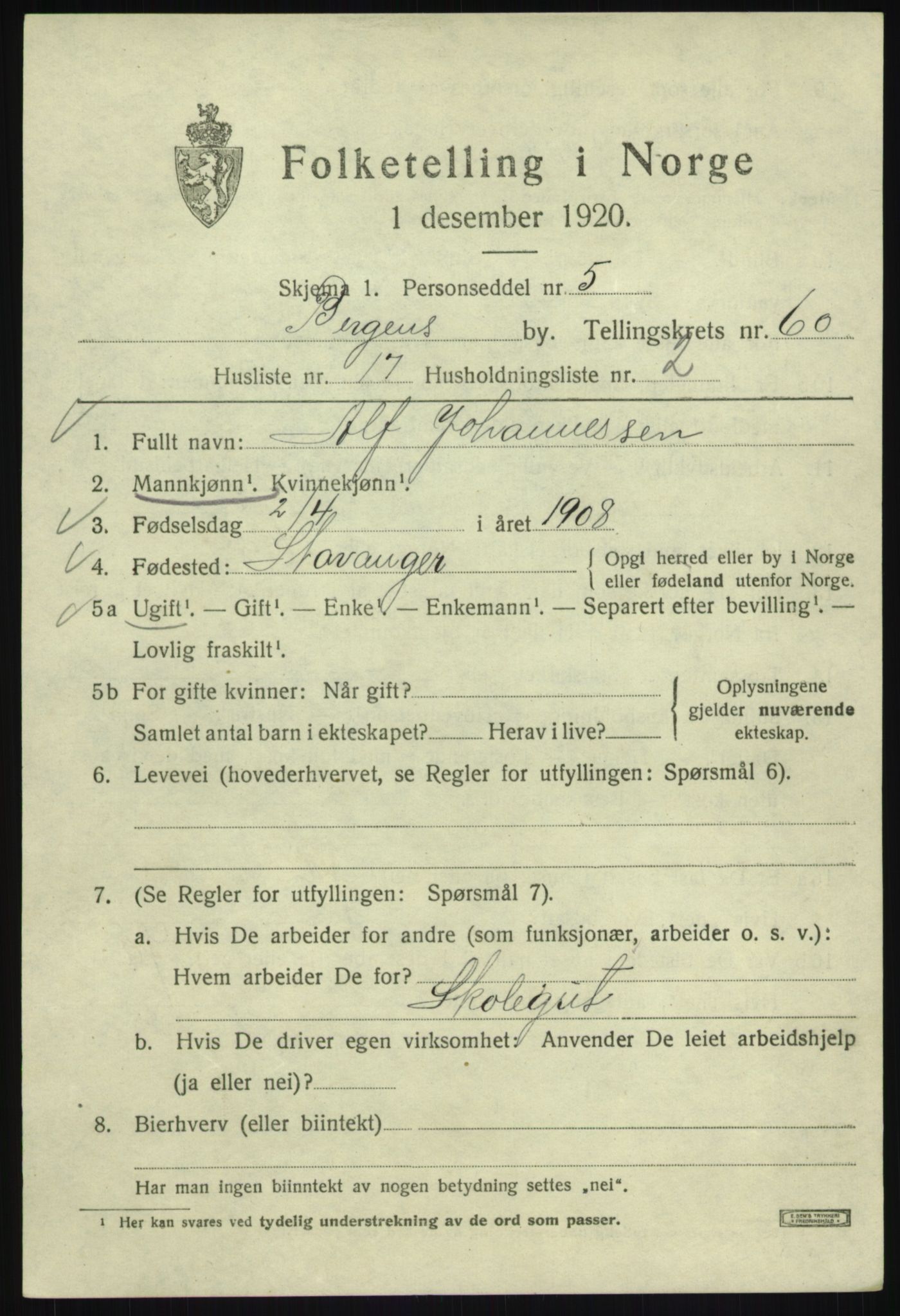 SAB, 1920 census for Bergen, 1920, p. 129676