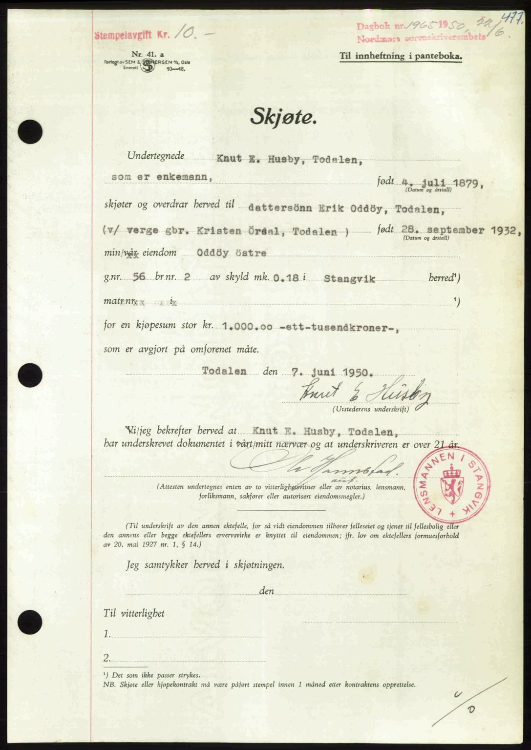 Nordmøre sorenskriveri, AV/SAT-A-4132/1/2/2Ca: Mortgage book no. A115, 1950-1950, Diary no: : 1965/1950